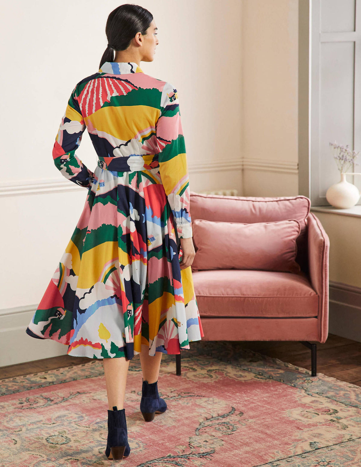 Kitty Midi Shirt Dress-French Navy, Scenic Meadow - Image 3