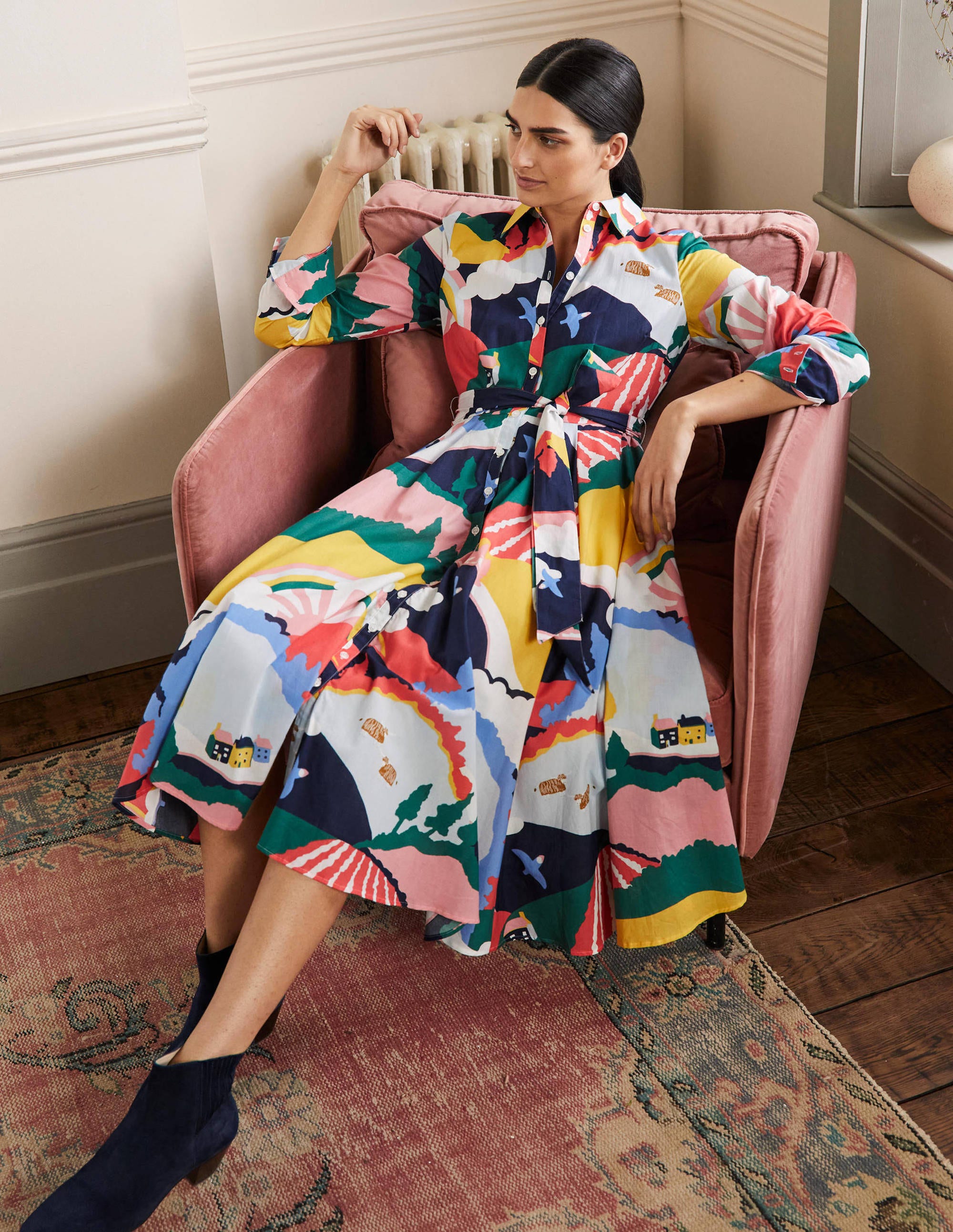 Kitty Midi Shirt Dress-French Navy, Scenic Meadow - Image 4