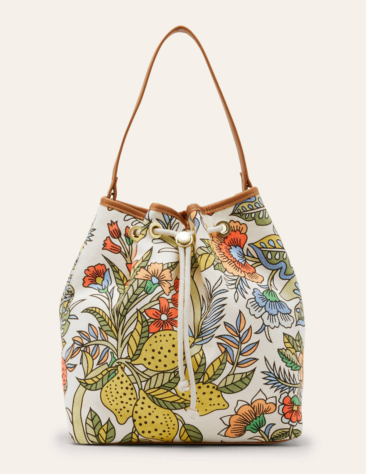 Canvas Drawstring Bucket Bag-Ivory, Tropic Meadow - Image 2