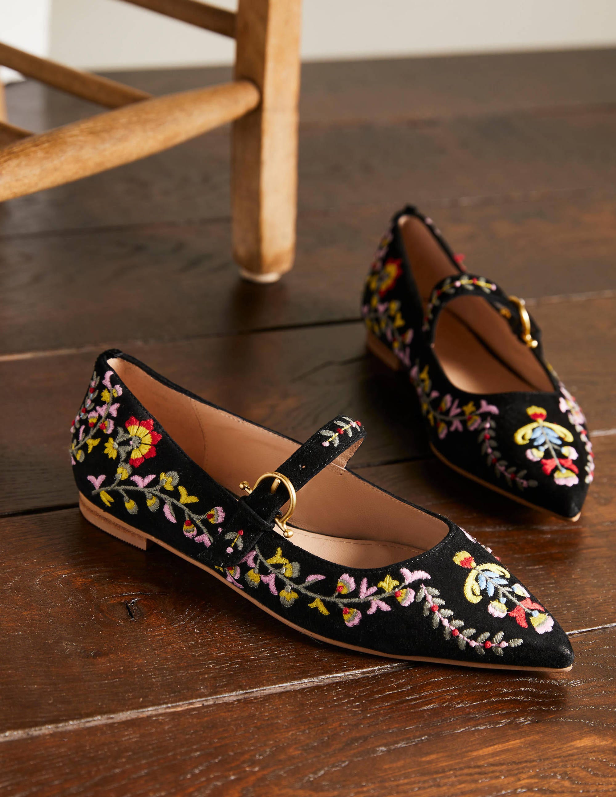 Pointed Toe Mary Jane Shoes-Black, Multi Embroidery - Image 1