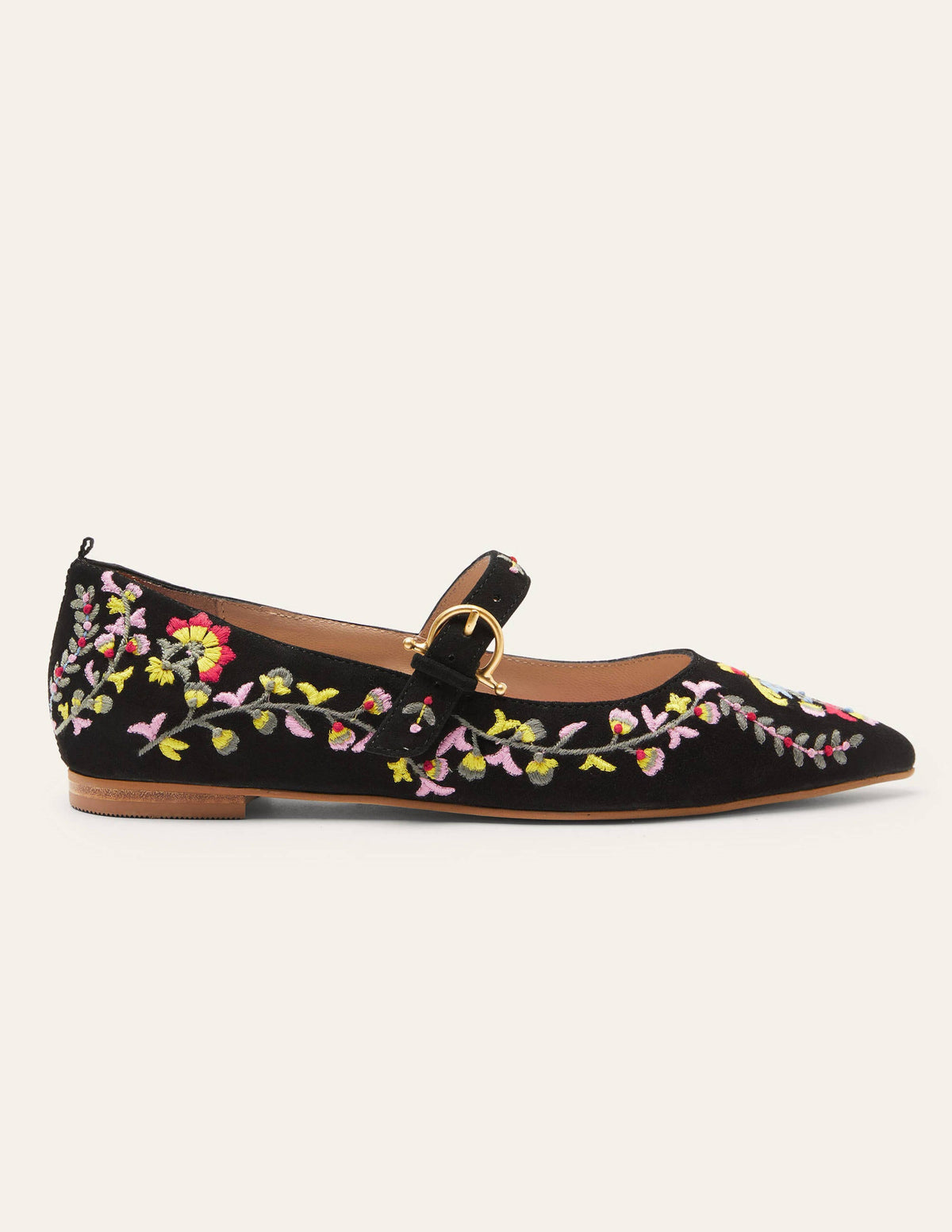 Pointed Toe Mary Jane Shoes-Black, Multi Embroidery - Image 2