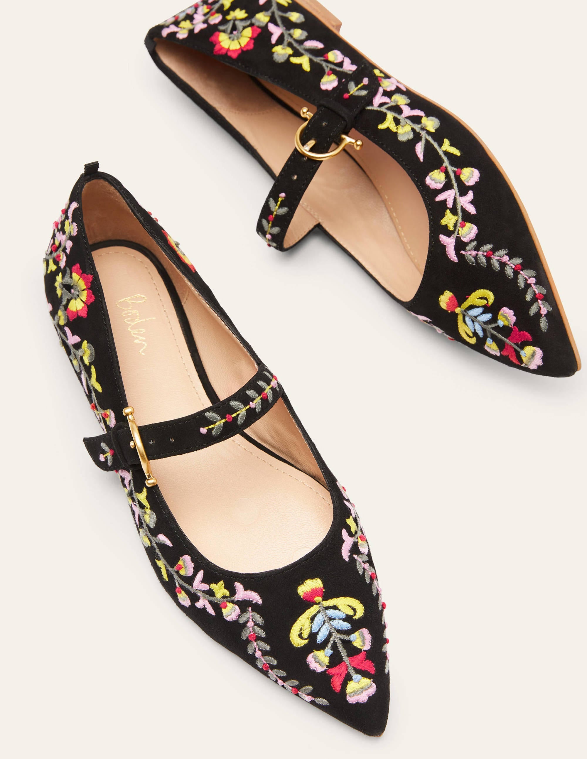 Pointed Toe Mary Jane Shoes-Black, Multi Embroidery - Image 3