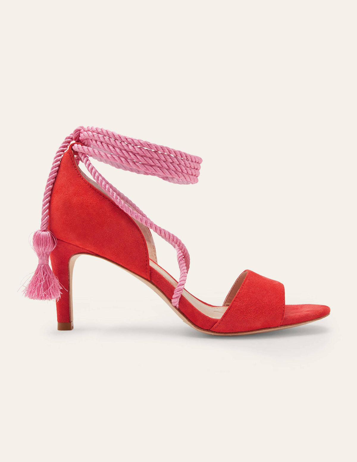 Suede Ankle Tie Heeled Sandals-Dragon Red - Image 2