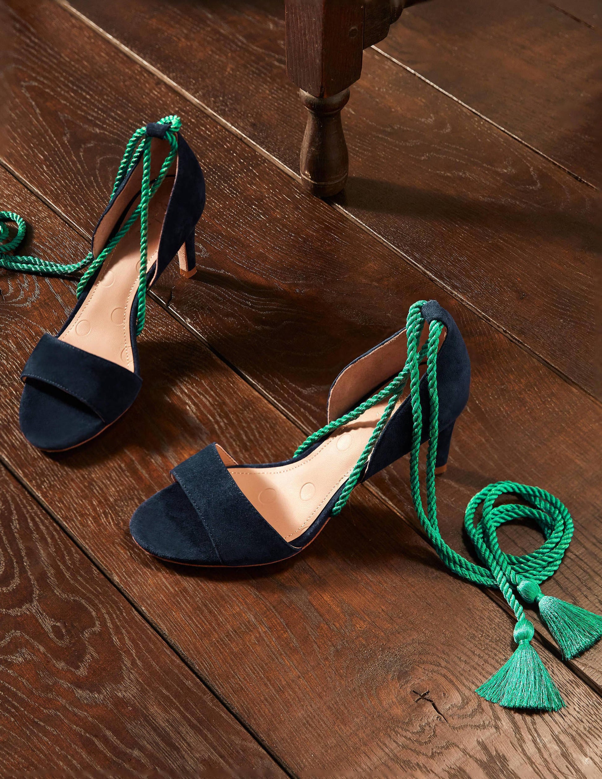 Suede Ankle Tie Heeled Sandals-Navy-1