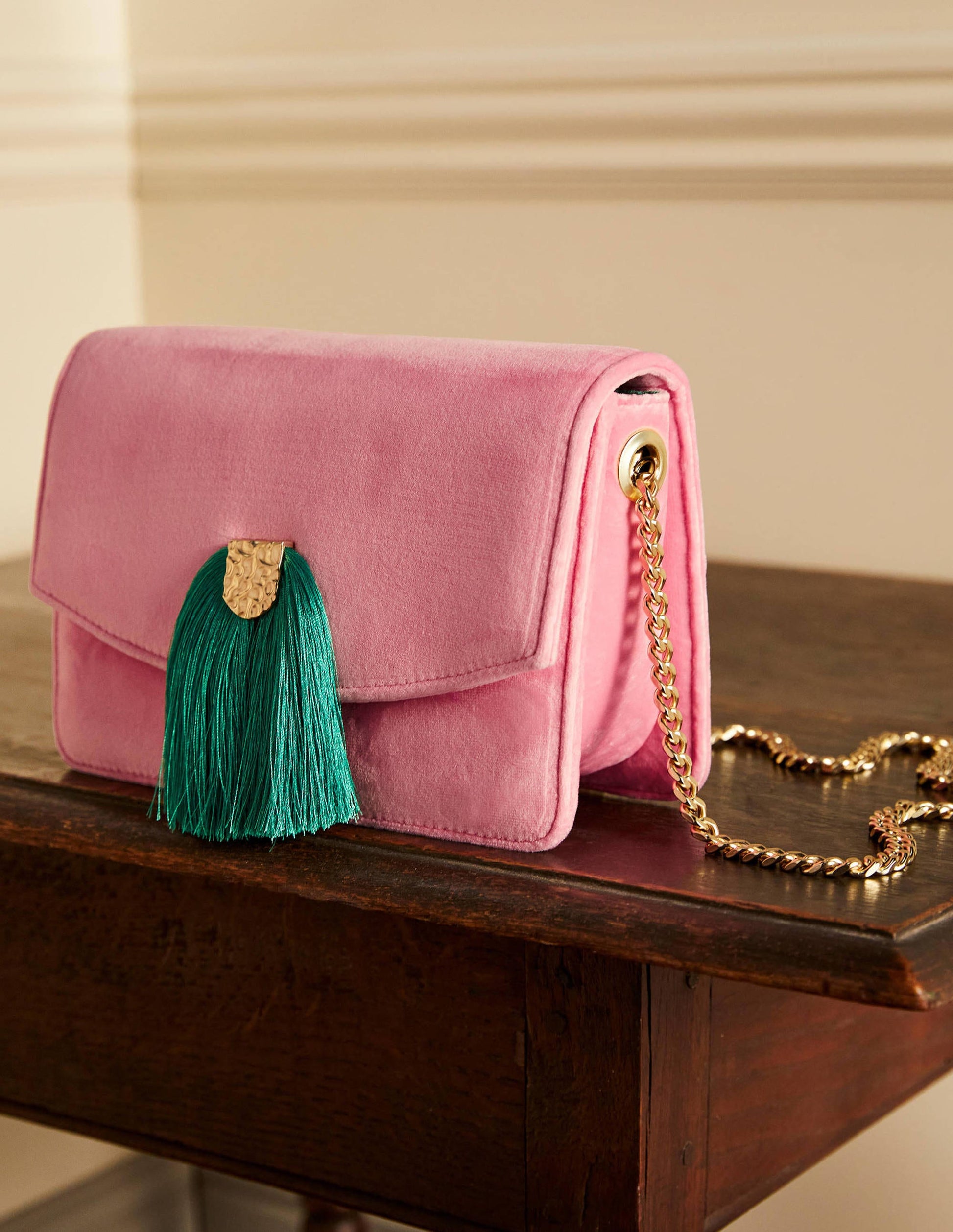 Velvet Tassel Crossbody Bag-Sachet Pink/Ming Green-1