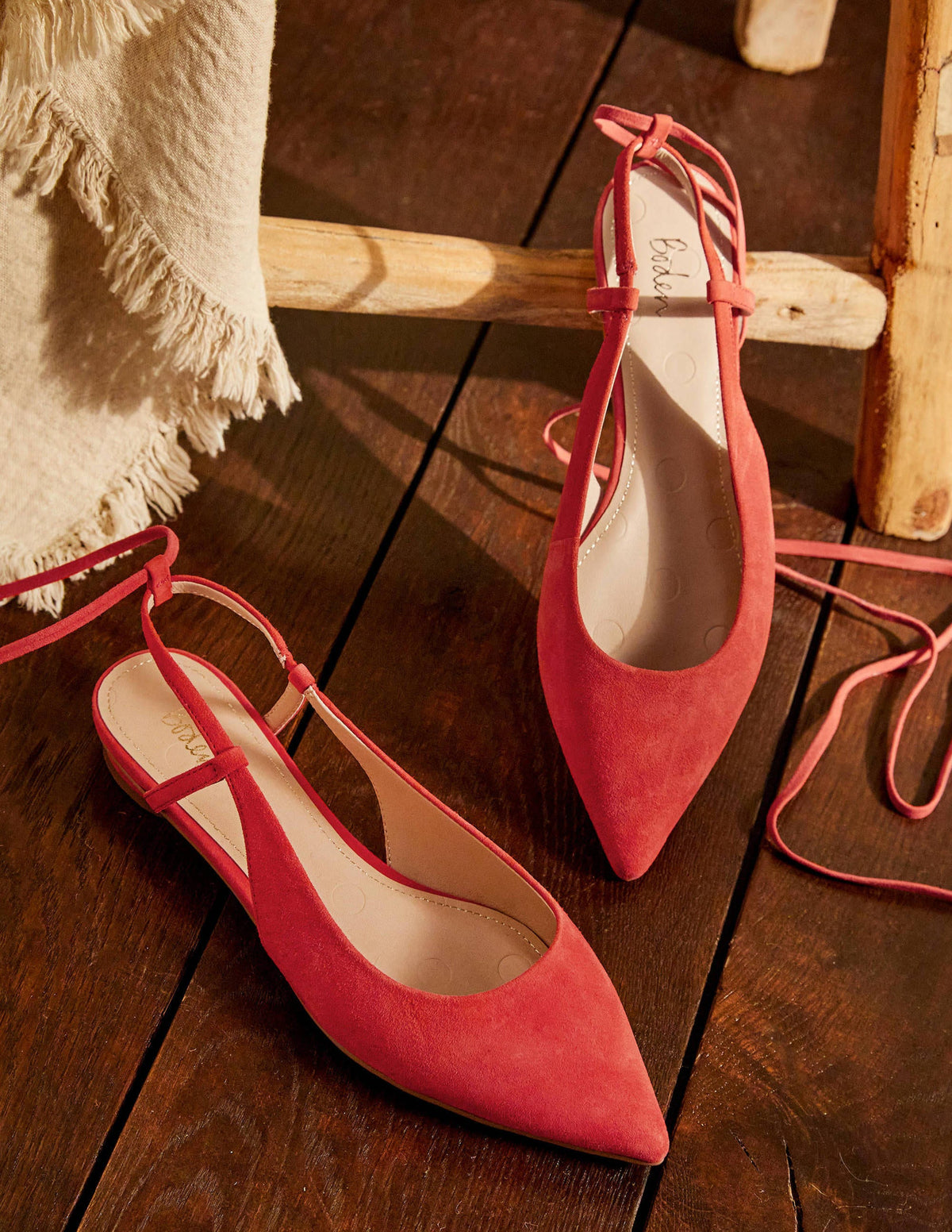 Ankle Tie Pointed Flats-Red Suede - Image 1