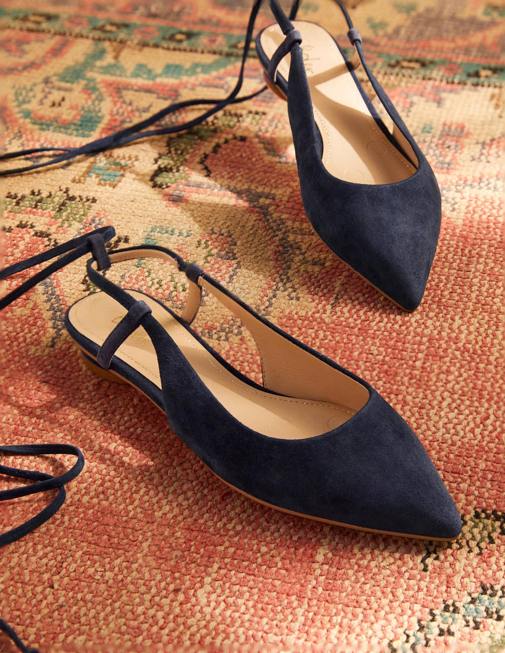 Ankle Tie Pointed Flats-Navy Suede-1