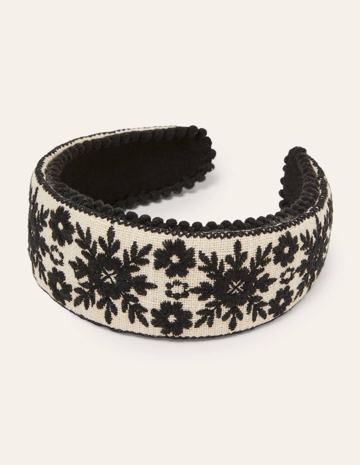 Pompom Headband-White/Black Embroidery-1