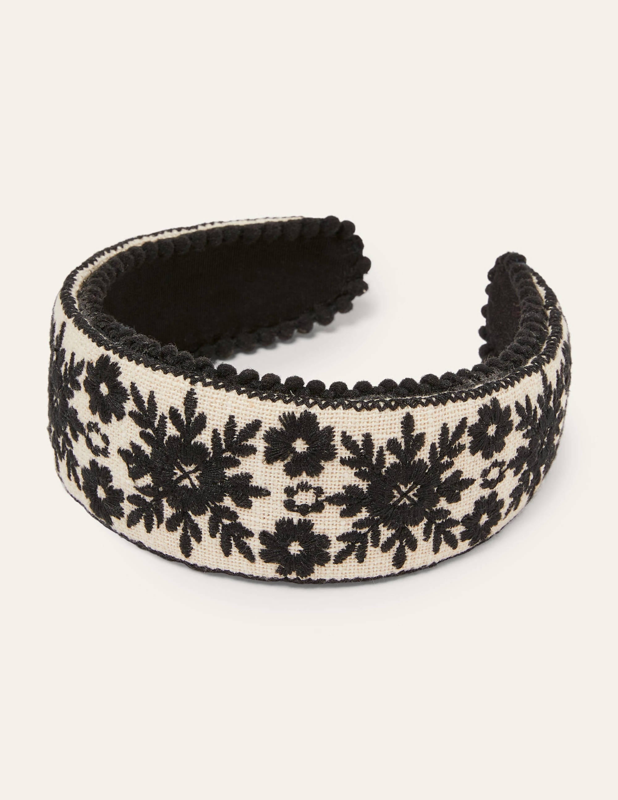 Pompom Headband-White/Black Embroidery - Image 1