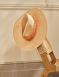 Embroidered Straw Fedora-Natural