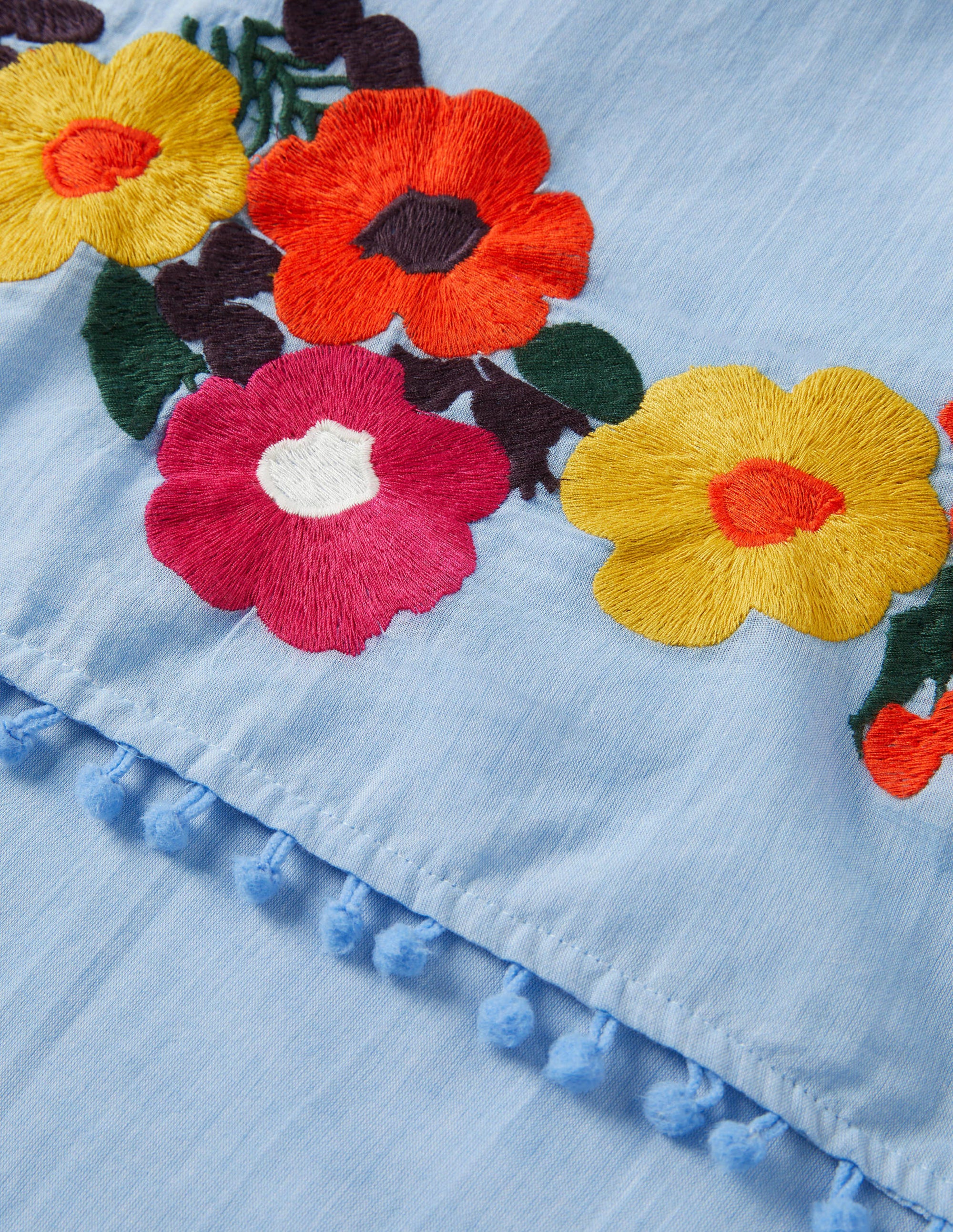 Embroidered Pompom Scarf-Dusty Blue, Embroidered - Image 3