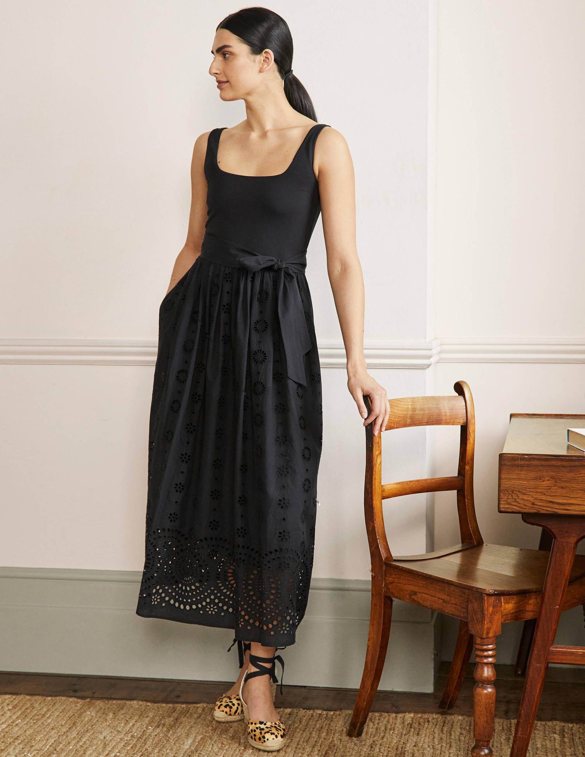 Broderie Mix Midi Dress-Black - Image 1