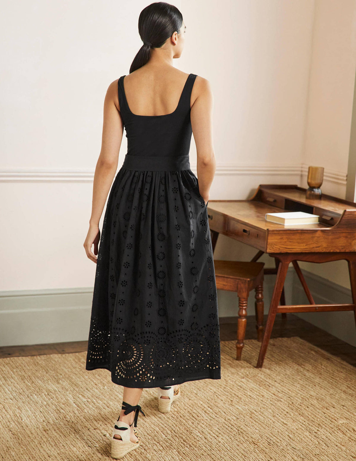 Broderie Mix Midi Dress-Black-3