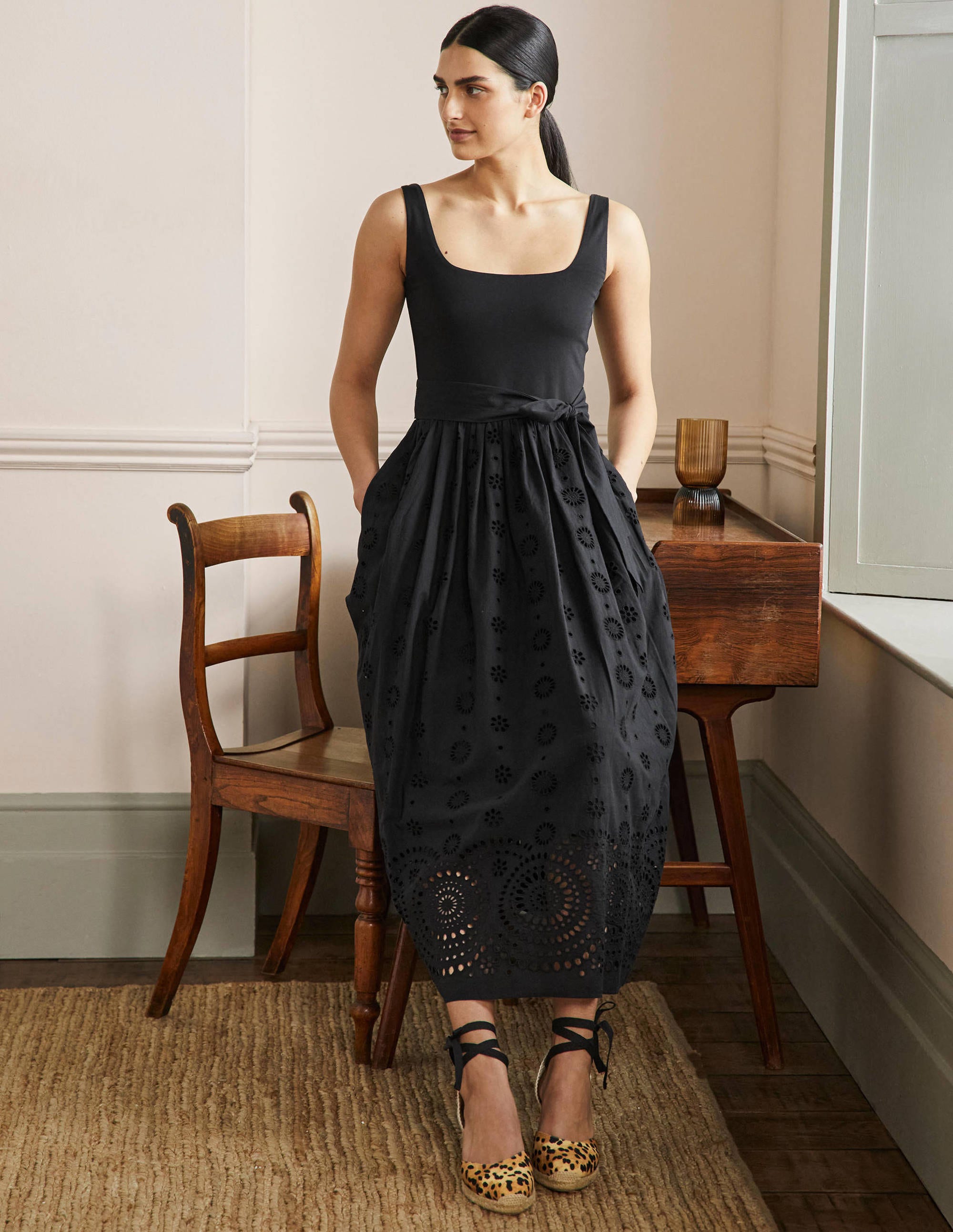 Broderie Mix Midi Dress-Black - Image 4