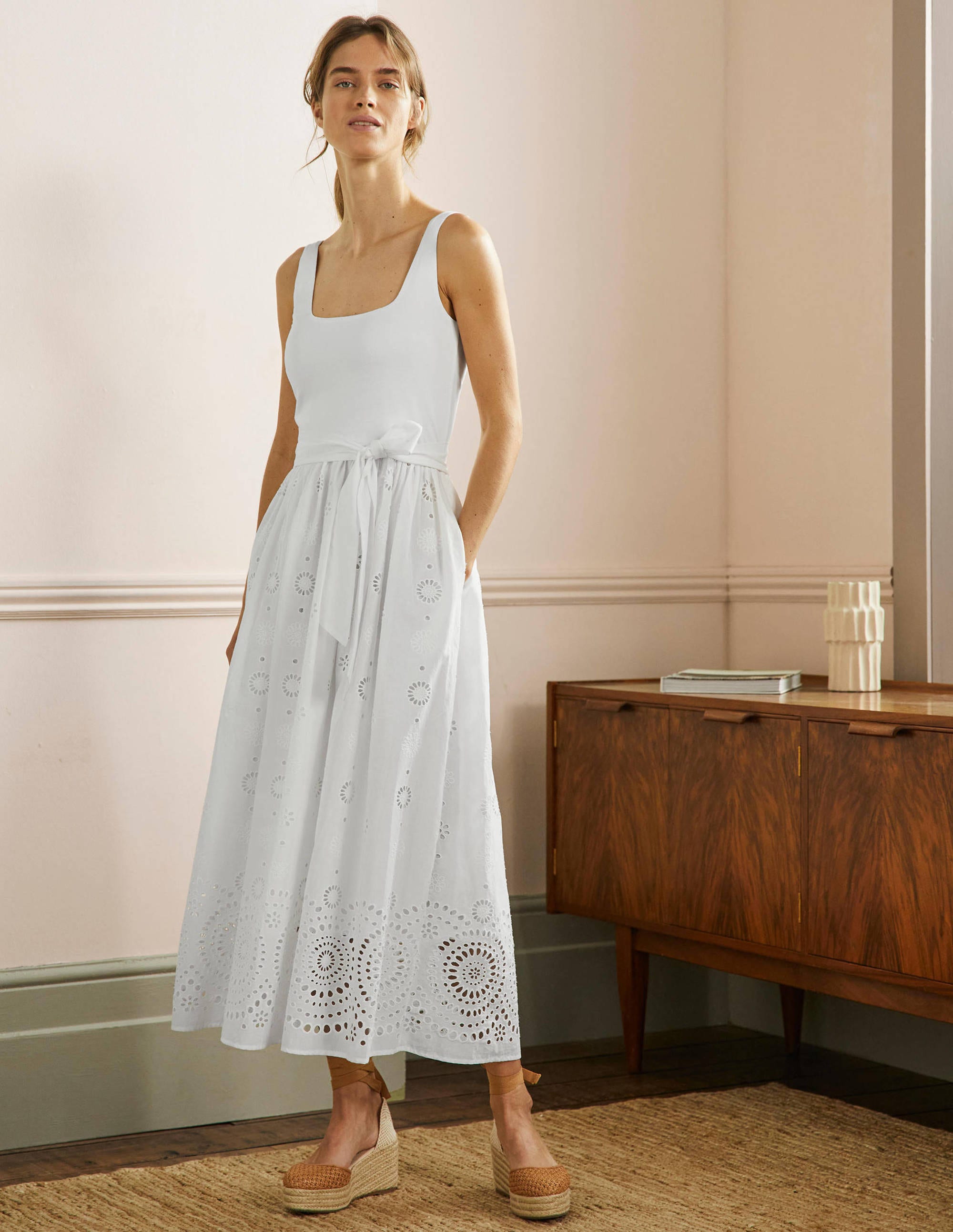 Broderie Mix Midi Dress-White - Image 1