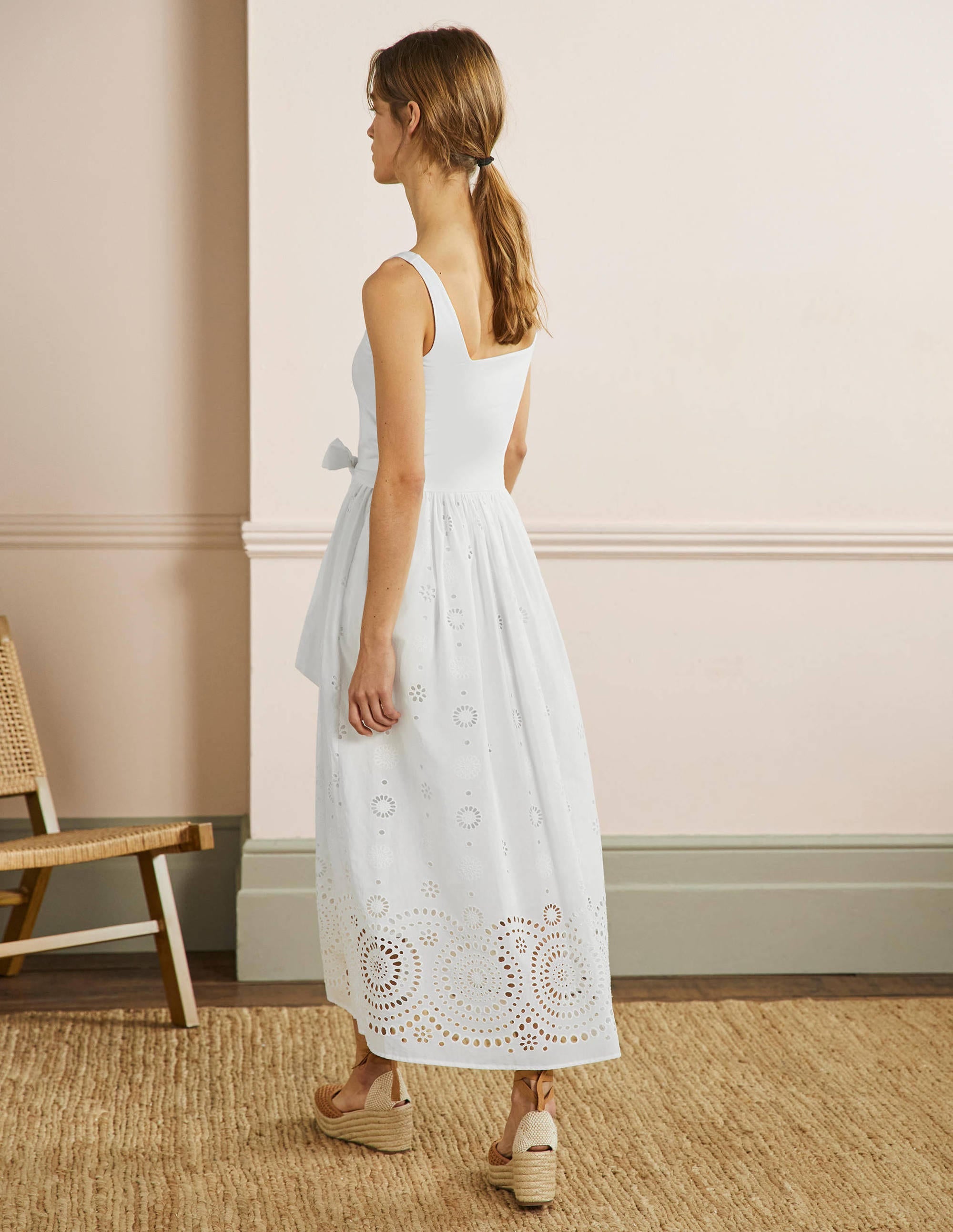 Broderie Mix Midi Dress-White - Image 3