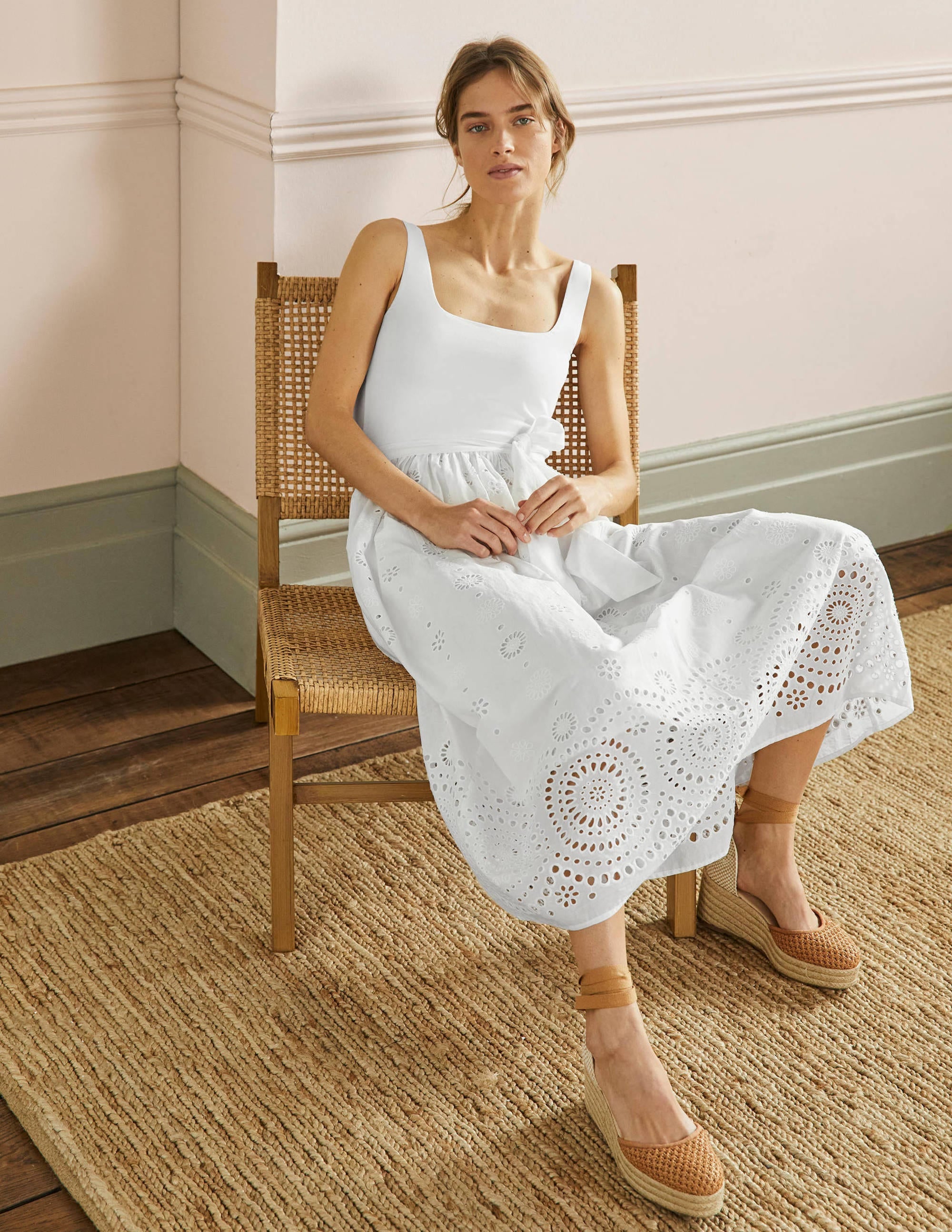 Broderie Mix Midi Dress-White - Image 4