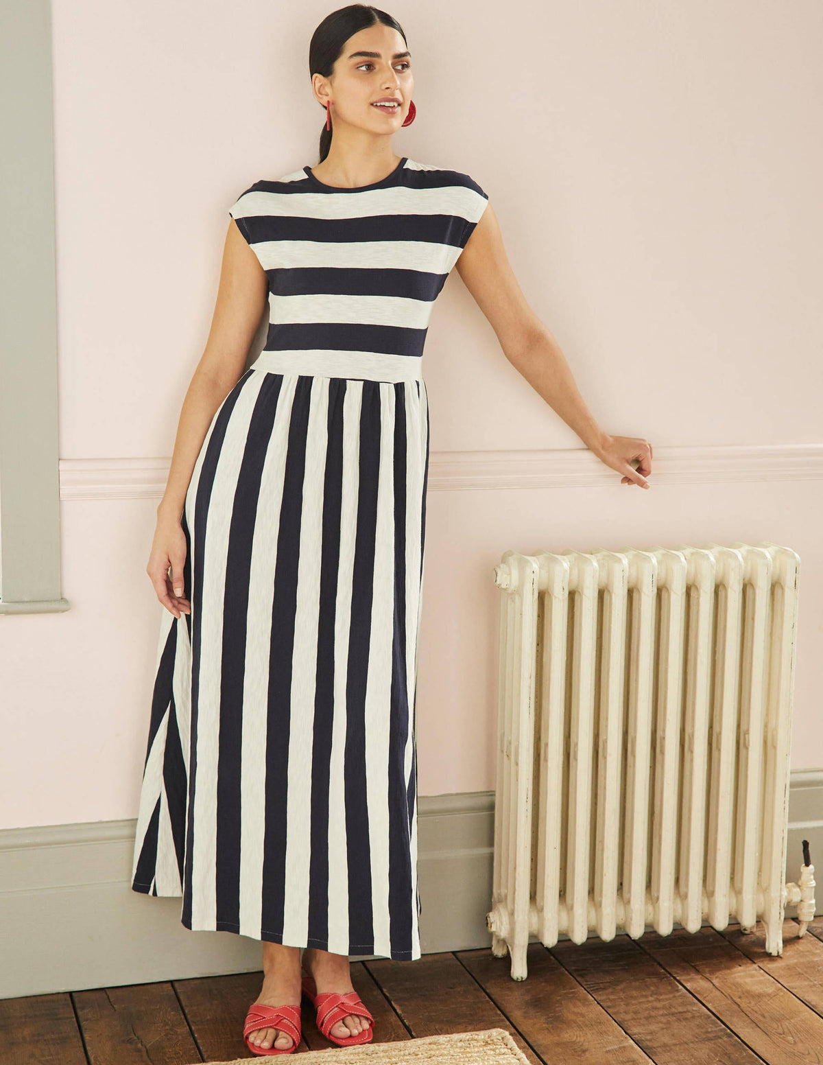 Easy T-Shirt Midi Dress-Navy and Ivory Stripe-1