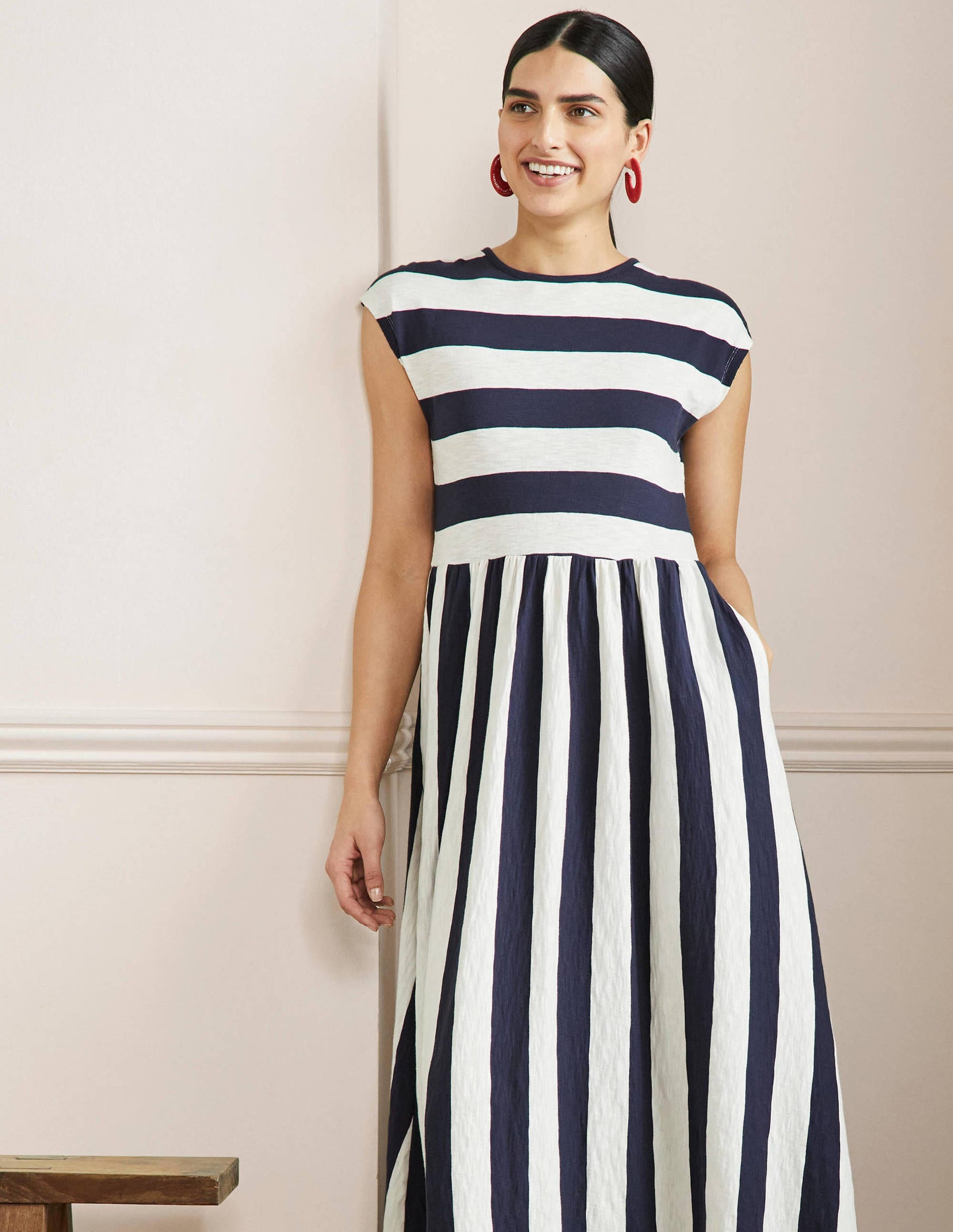 Easy T-Shirt Midi Dress-Navy and Ivory Stripe-4