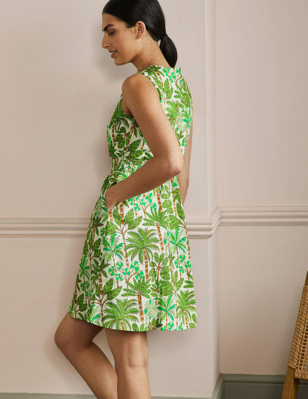 Smocked Waist Mini Dress-Green Tropical-3
