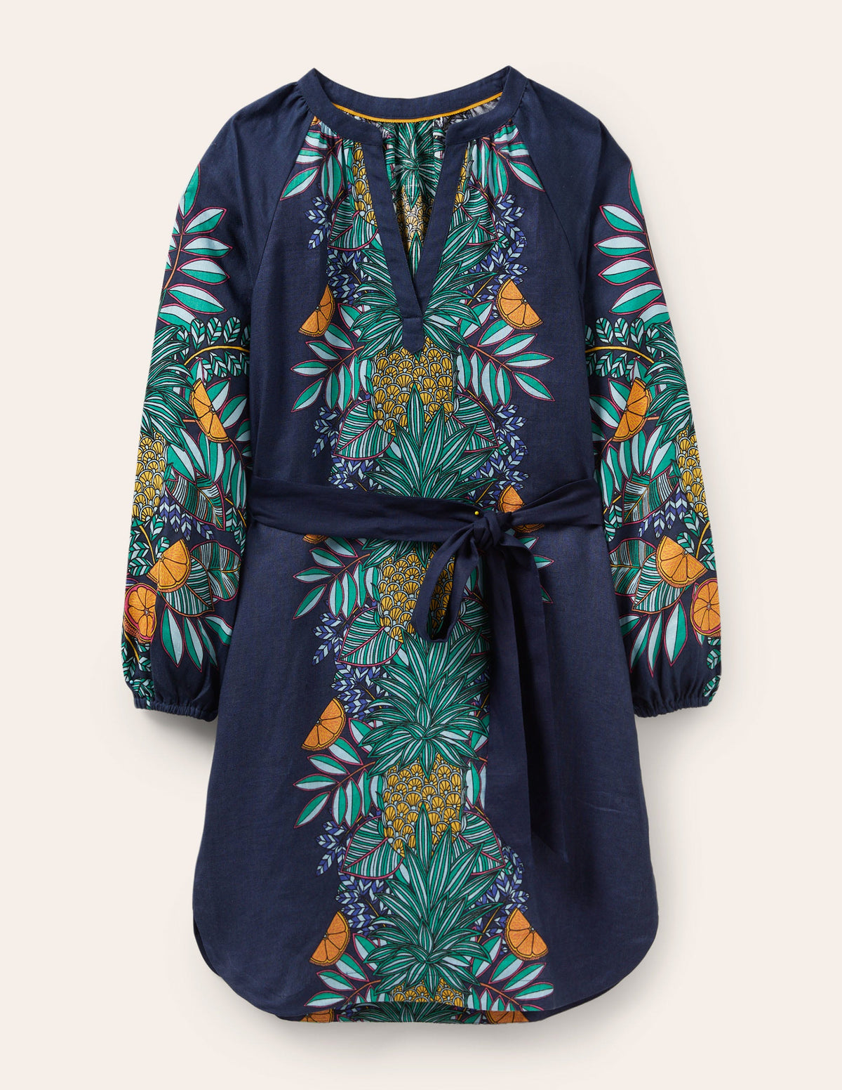 Notch Neck Linen Mini Dress-Navy, Pineapple Bloom-5