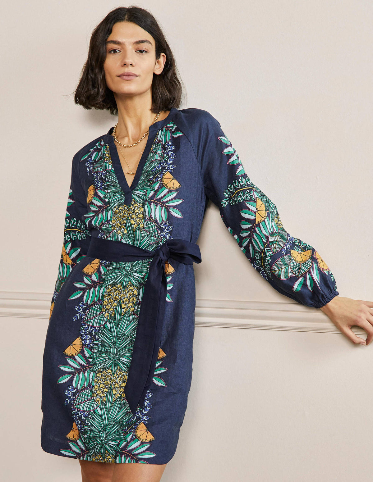 Notch Neck Linen Mini Dress-Navy, Pineapple Bloom - Image 1