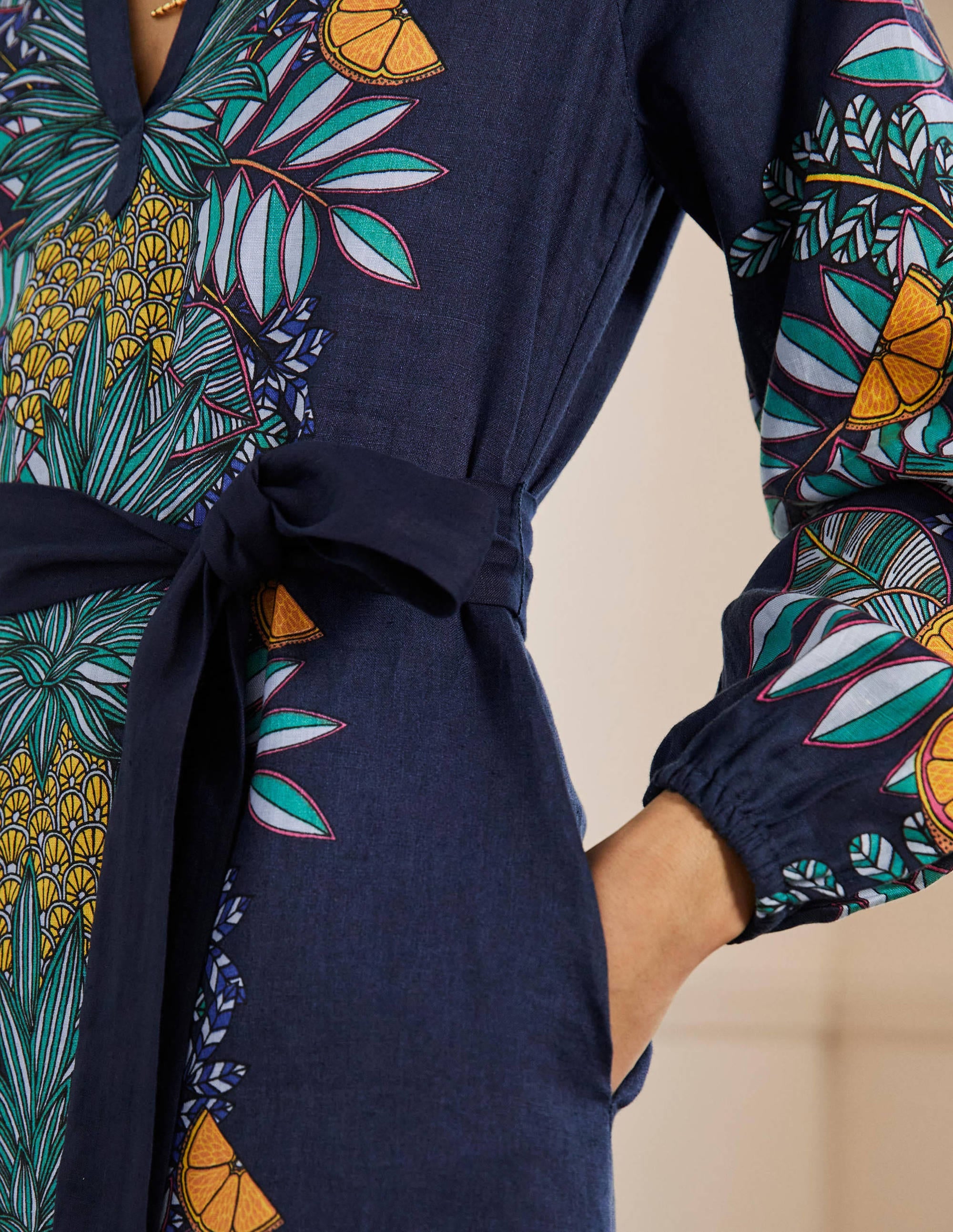 Notch Neck Linen Mini Dress-Navy, Pineapple Bloom - Image 2