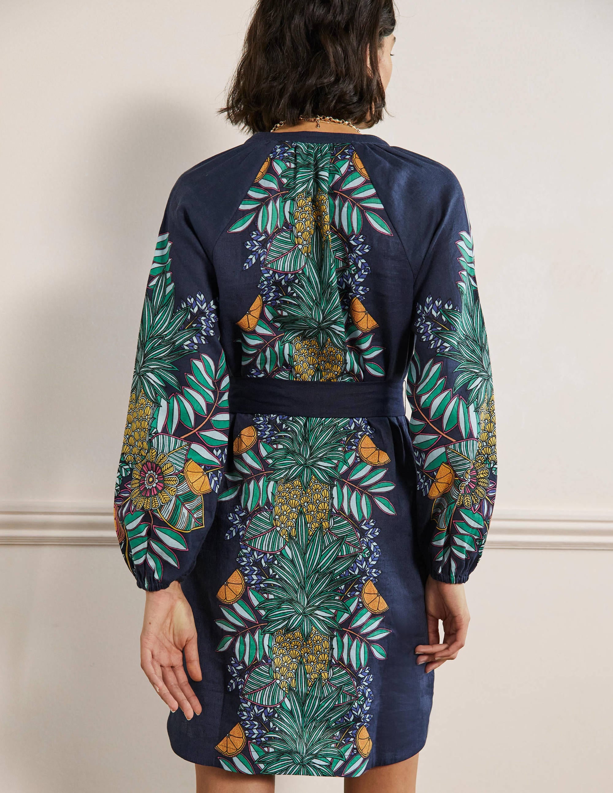 Notch Neck Linen Mini Dress-Navy, Pineapple Bloom - Image 3