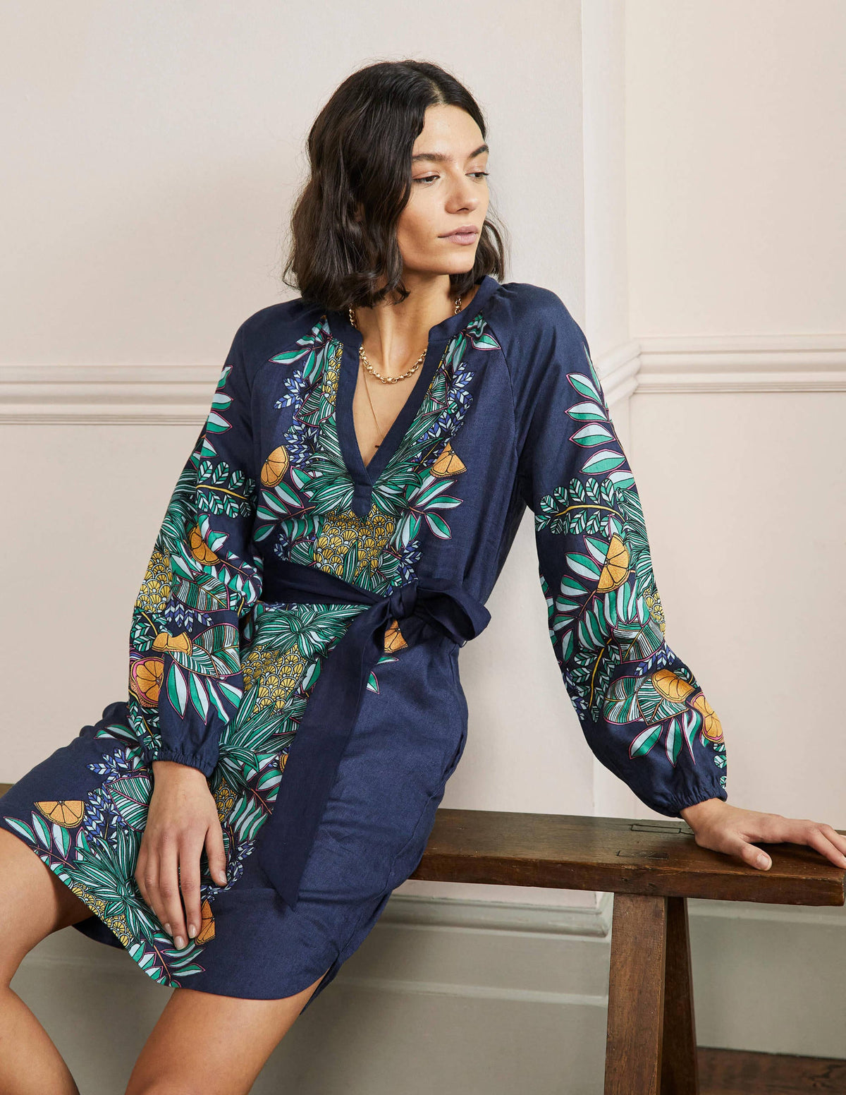 Notch Neck Linen Mini Dress-Navy, Pineapple Bloom-4