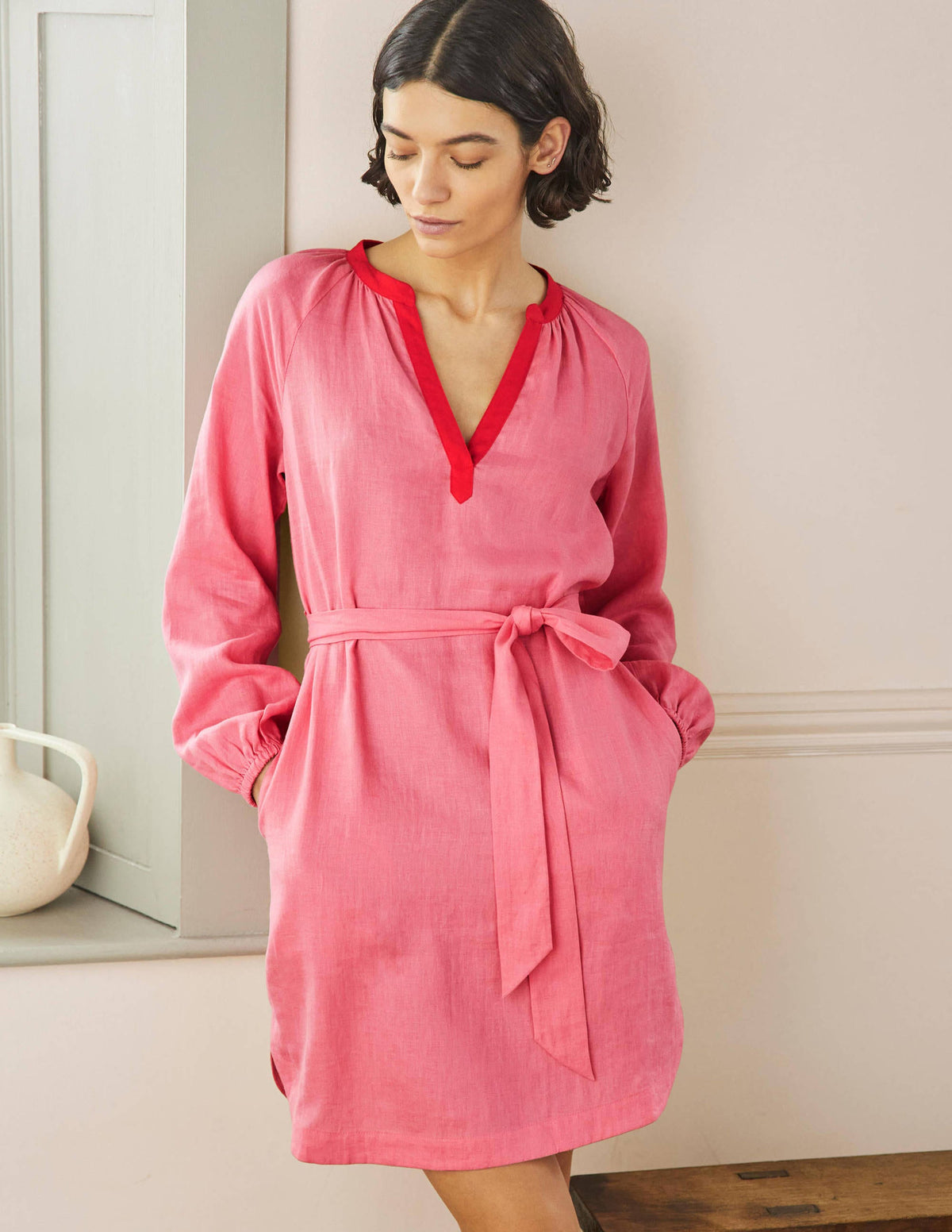 Notch Neck Linen Mini Dress-Azalea, Bright Poppy - Image 1