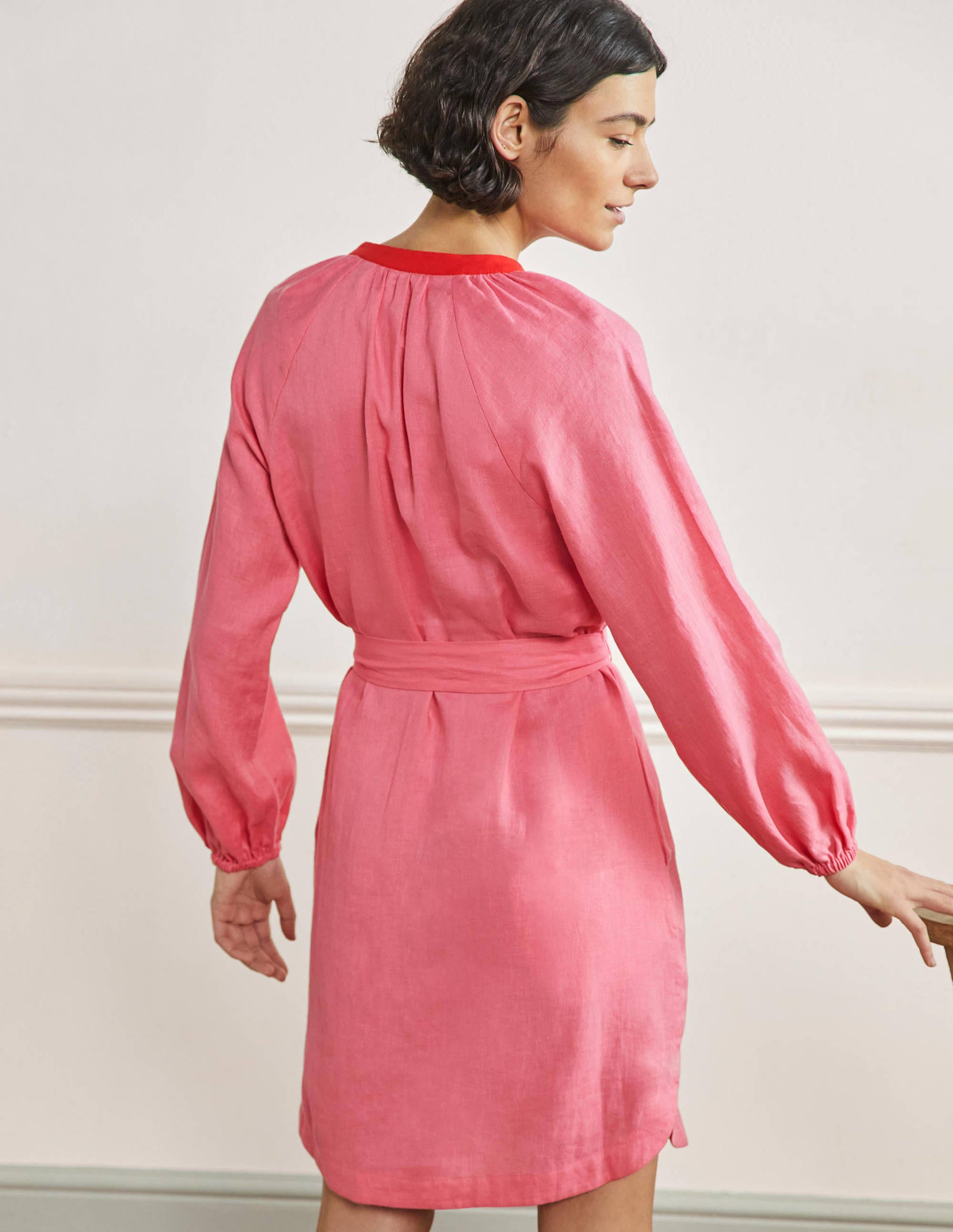Notch Neck Linen Mini Dress-Azalea, Bright Poppy - Image 3