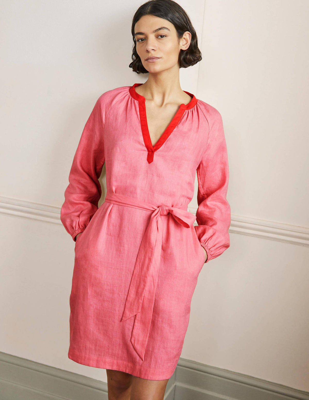 Notch Neck Linen Mini Dress-Azalea, Bright Poppy - Image 4