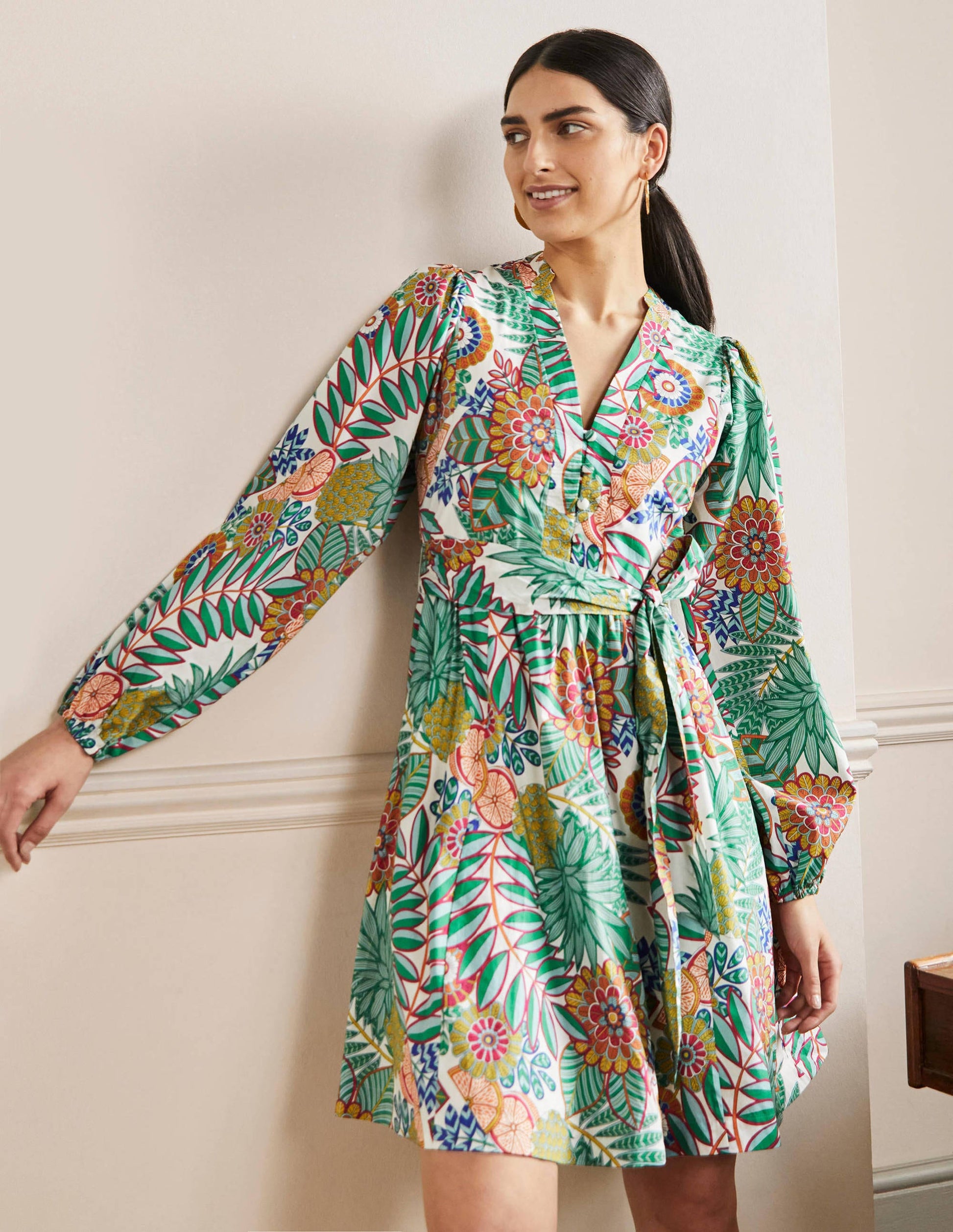 Notch Neck Cotton Dress-Ivory, Pineapple Bloom-1