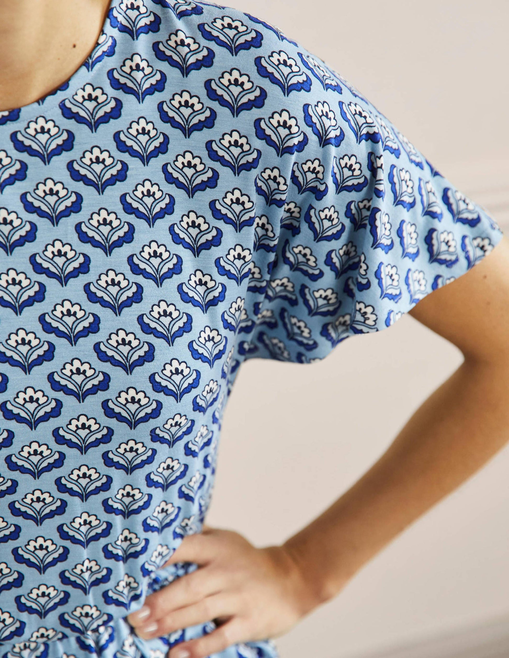 Flutter Sleeve Jersey Dress-Dusty Blue, Oriental Bud-2