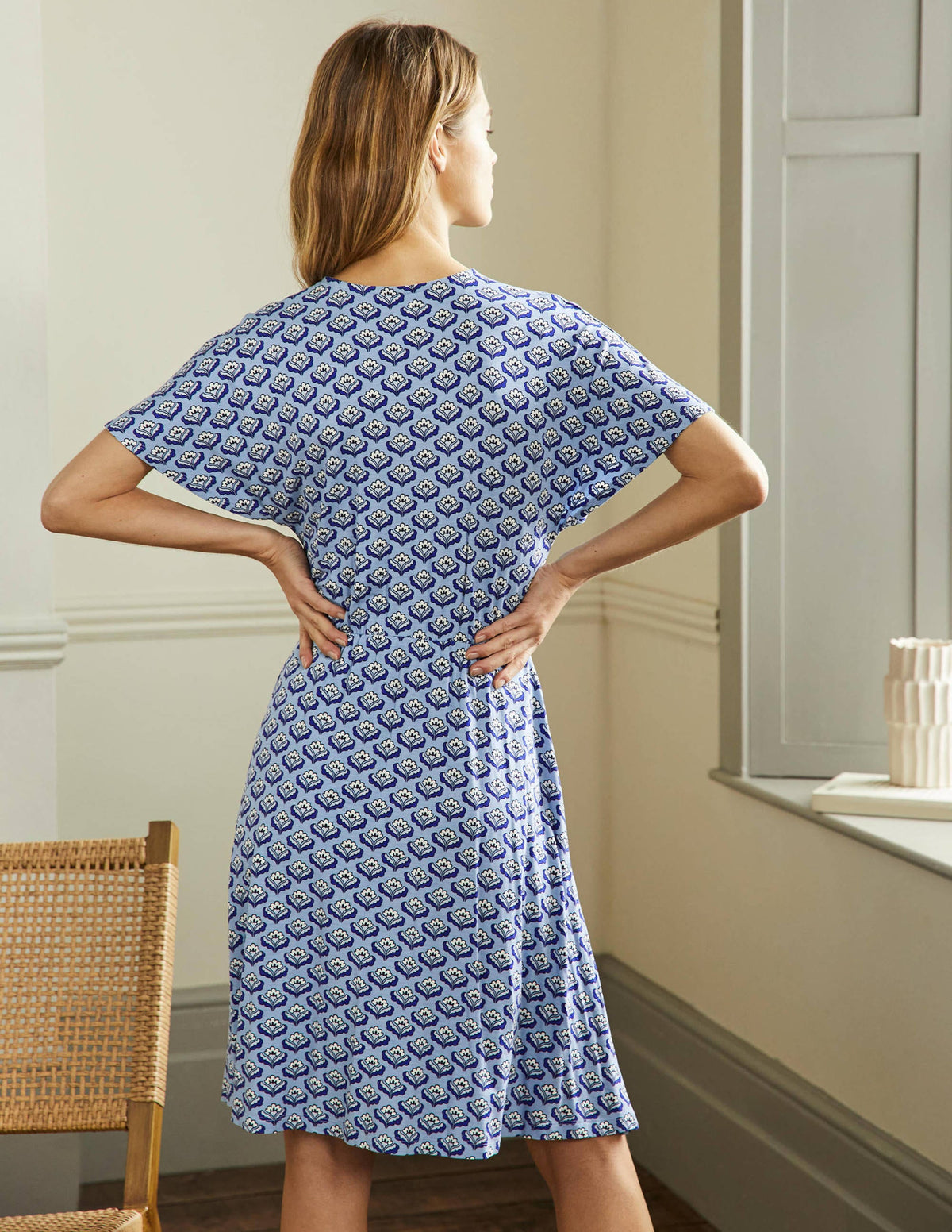 Flutter Sleeve Jersey Dress-Dusty Blue, Oriental Bud - Image 3