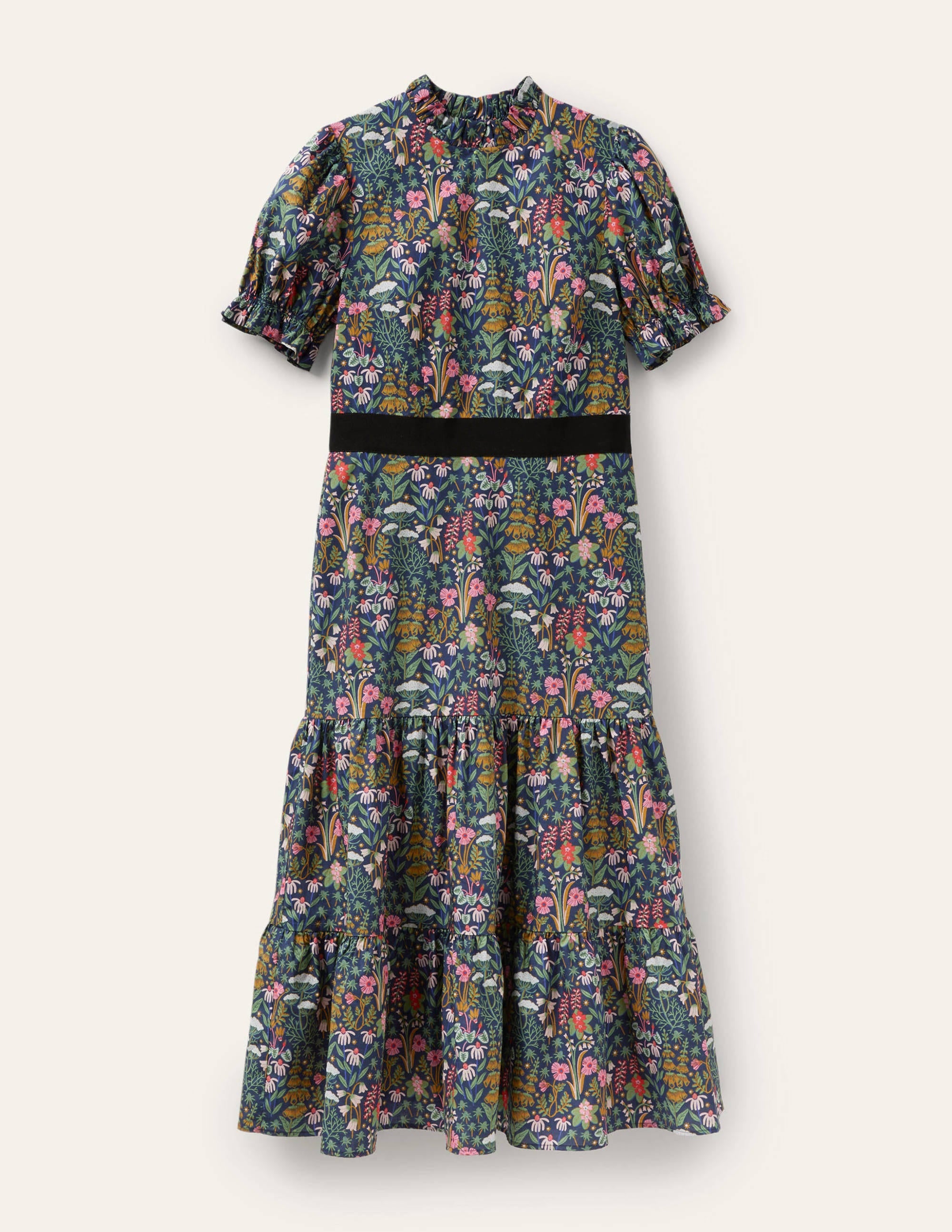 Frill Neck Tiered Midi Dress-French Navy, Wildflower Bloom - Image 6