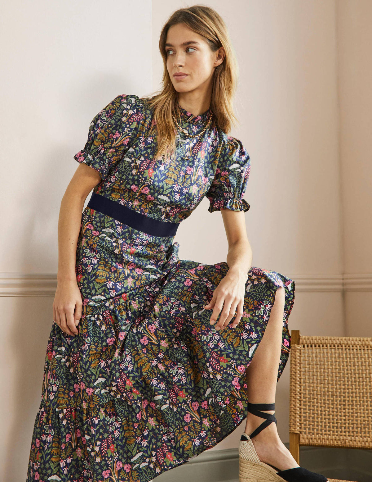 Frill Neck Tiered Midi Dress-French Navy, Wildflower Bloom - Image 1