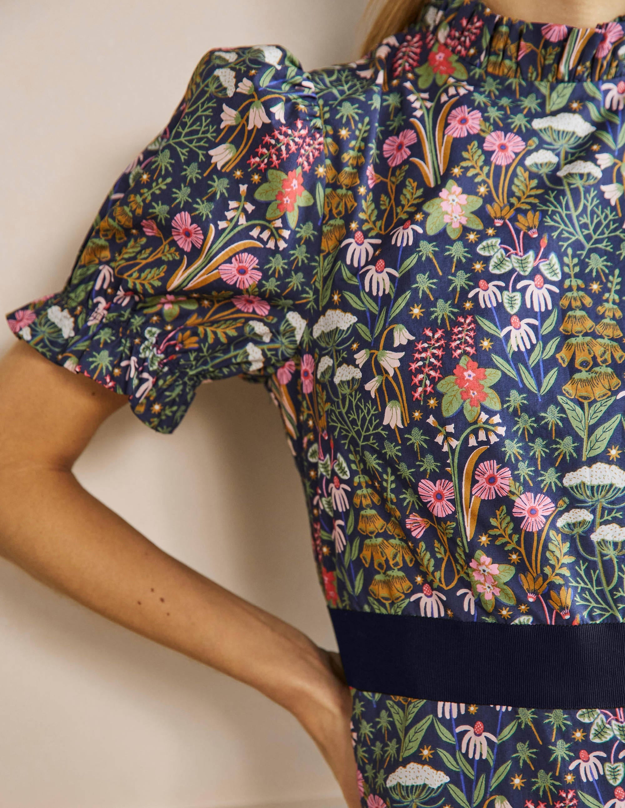 Frill Neck Tiered Midi Dress-French Navy, Wildflower Bloom - Image 2