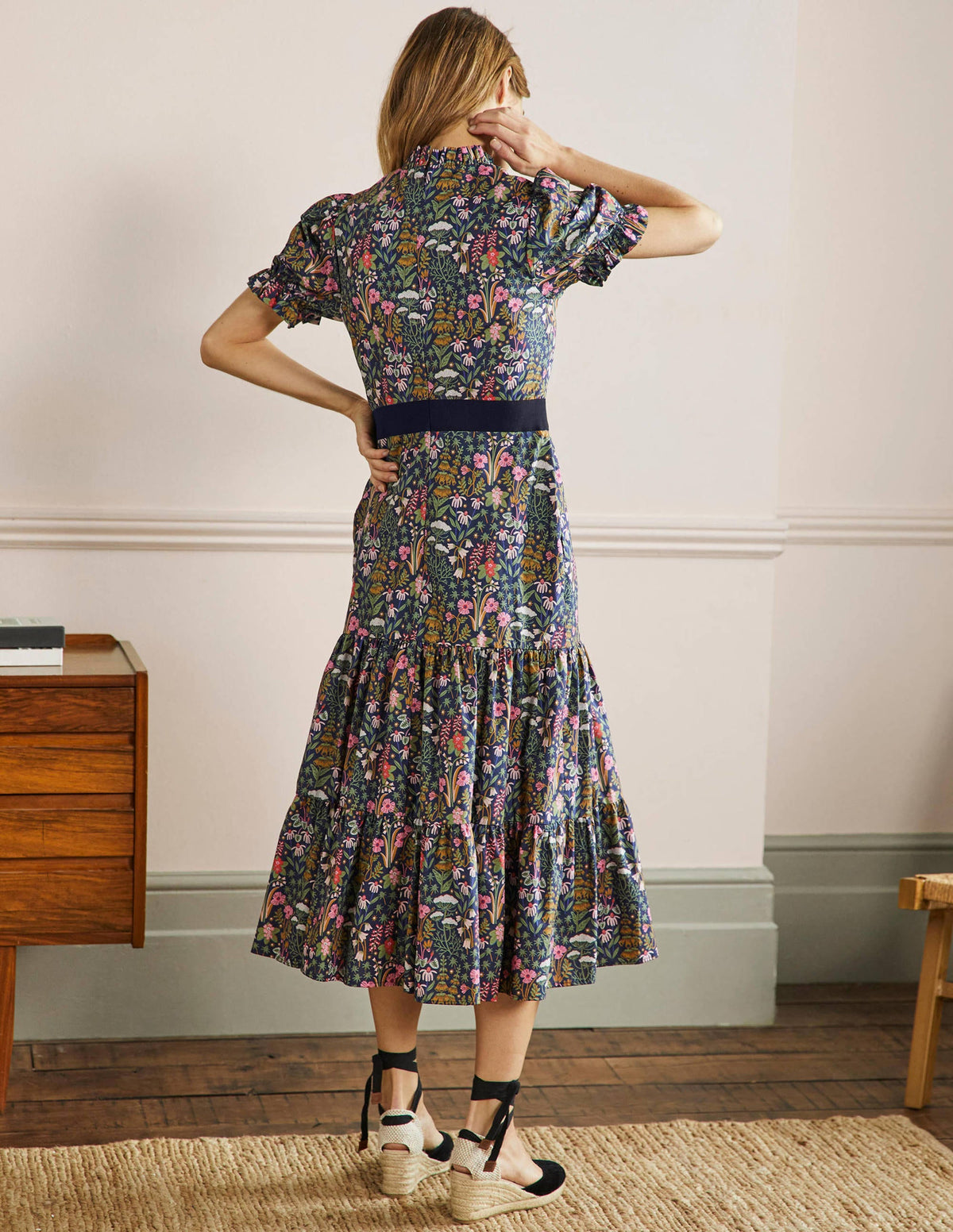 Frill Neck Tiered Midi Dress-French Navy, Wildflower Bloom - Image 3