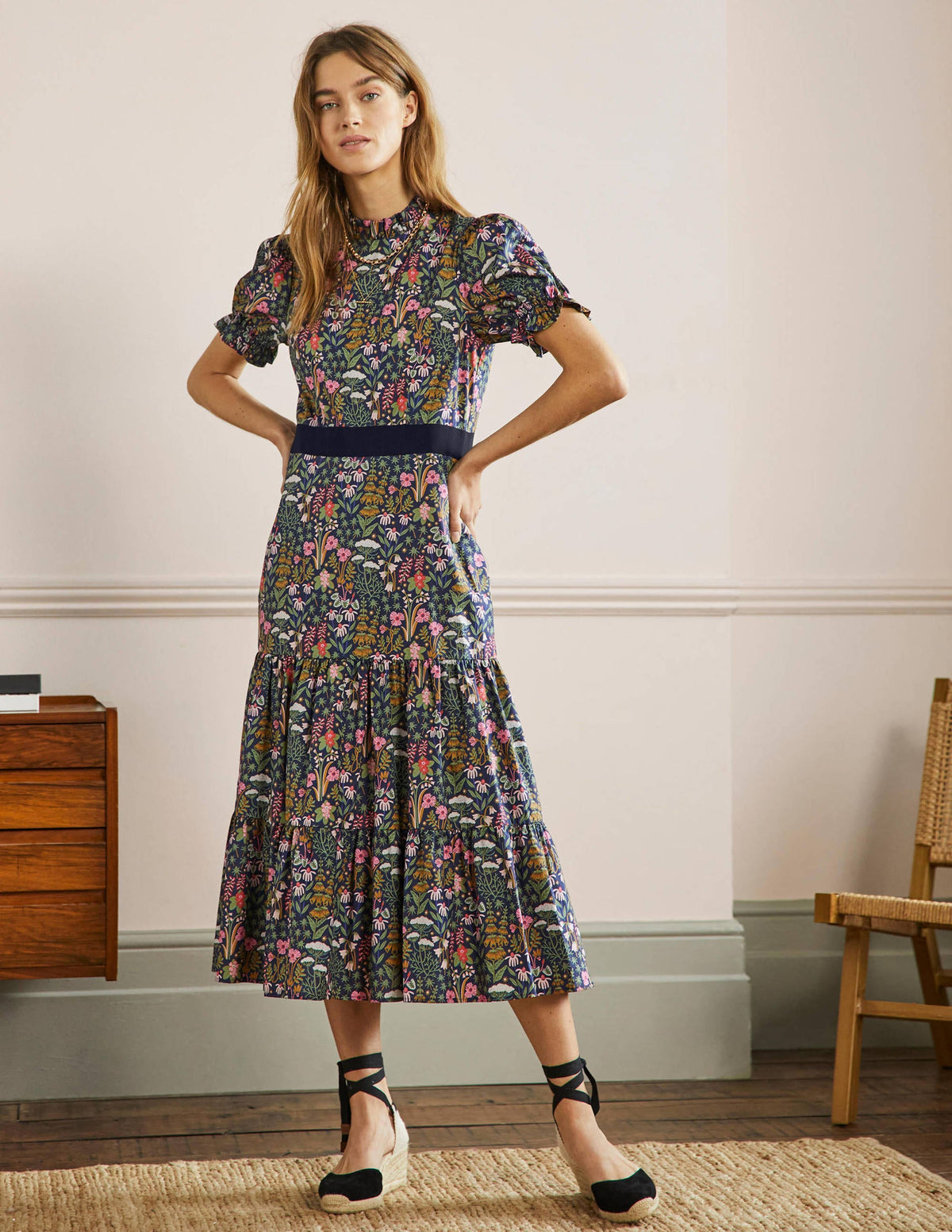 Frill Neck Tiered Midi Dress-French Navy, Wildflower Bloom - Image 4