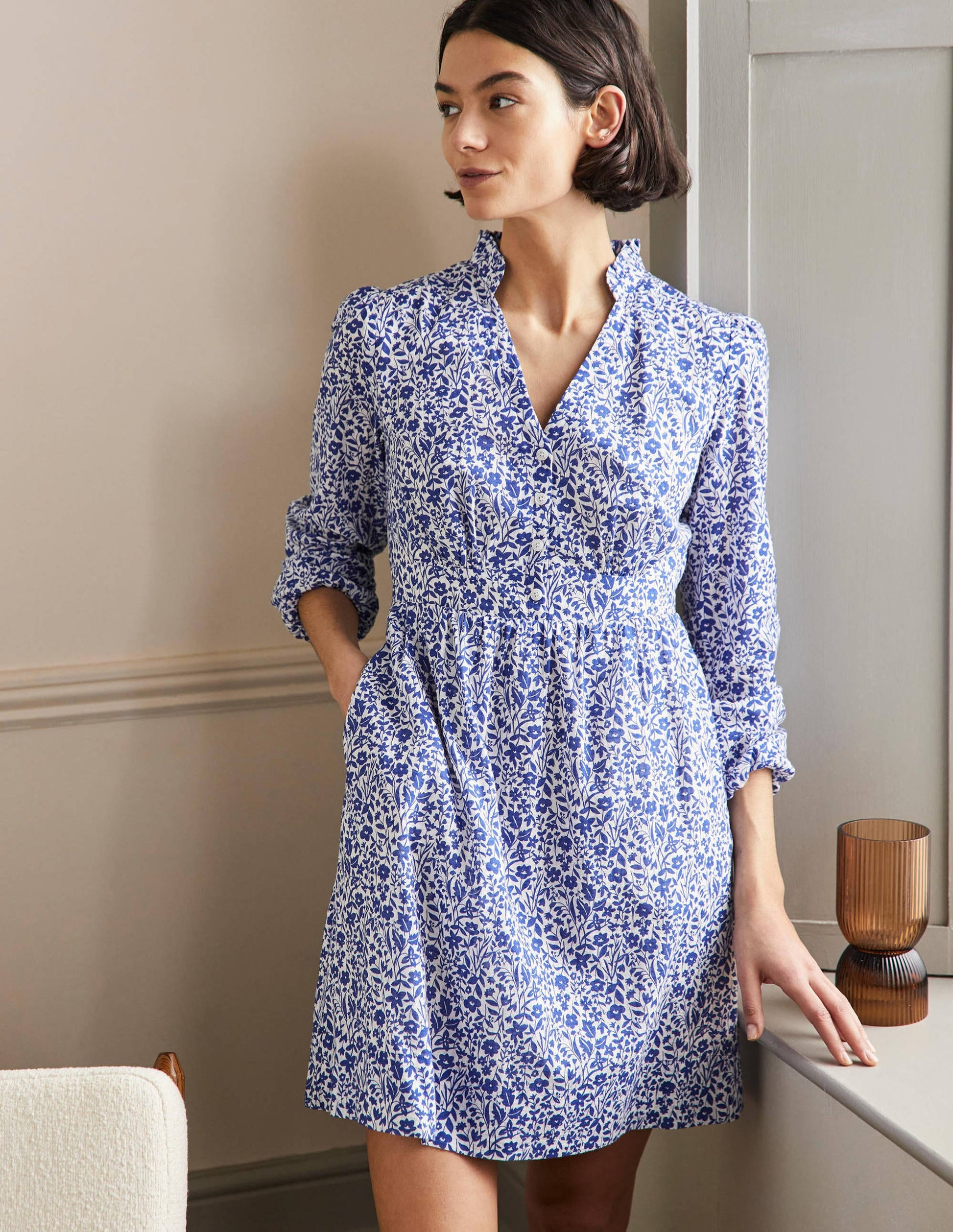 Notch Neck Mini Tea Dress-Ivory, Wildflower Sprig-1
