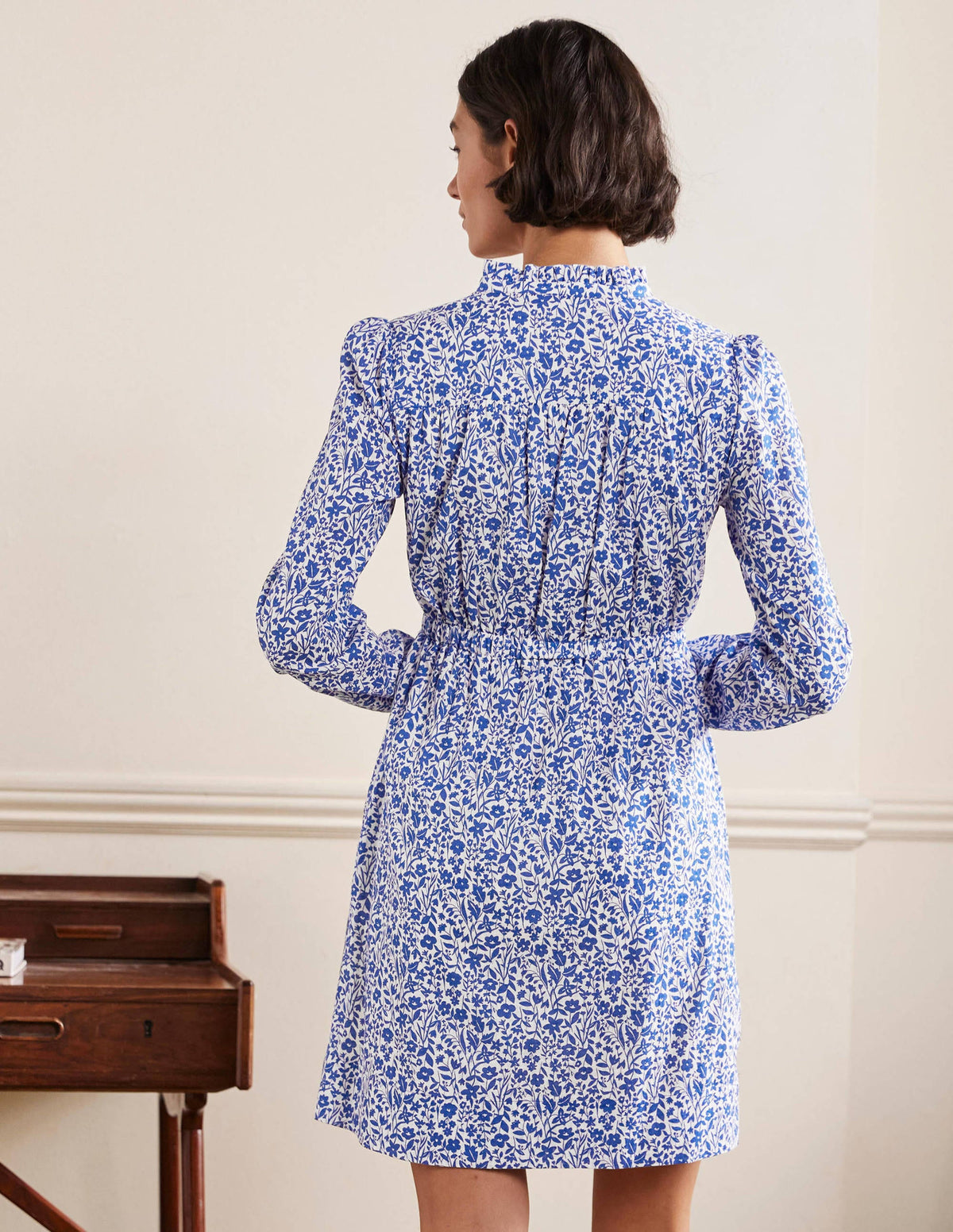 Notch Neck Mini Tea Dress-Ivory, Wildflower Sprig - Image 3