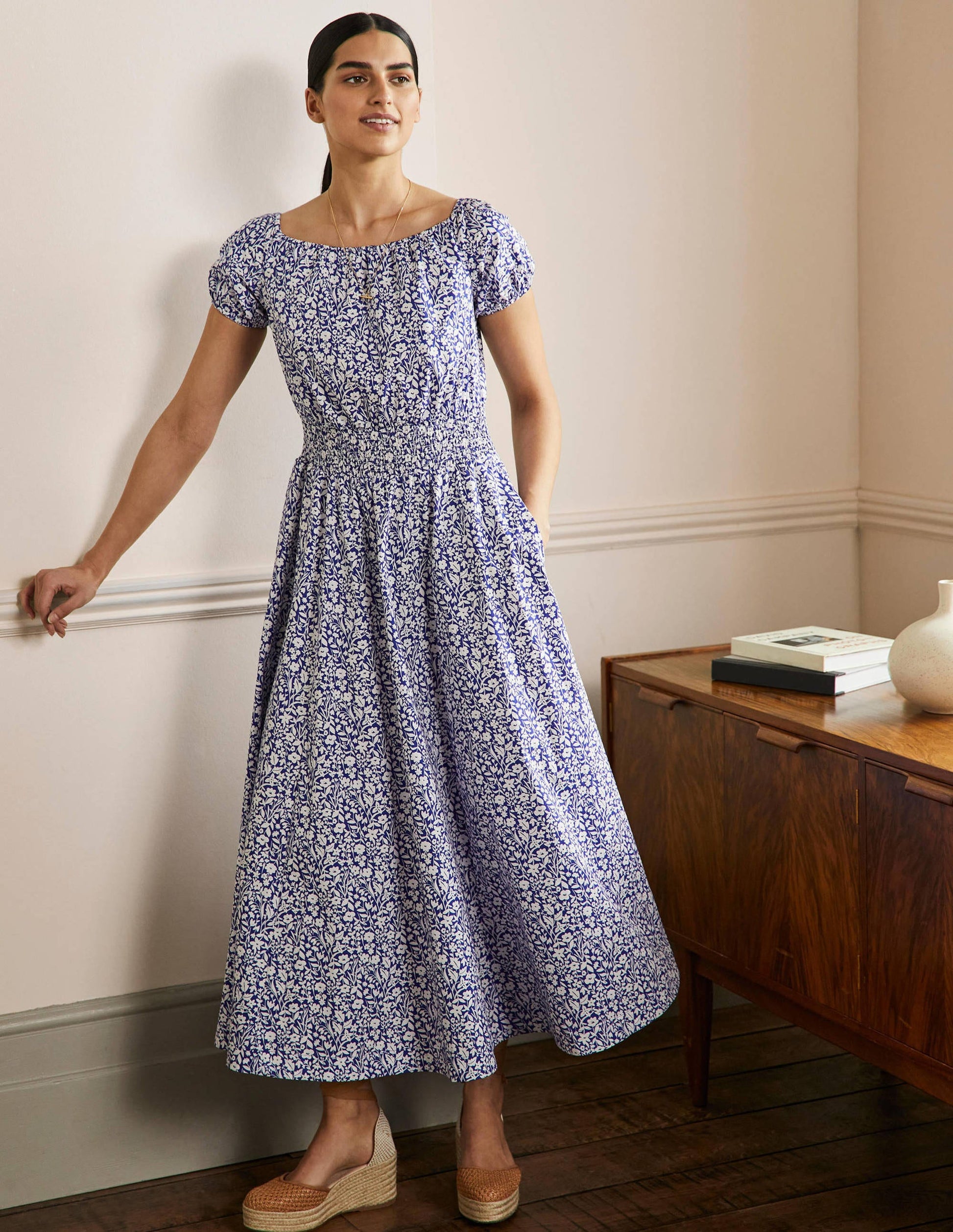 Scoop Neck Maxi Dress-Blue Floral-1