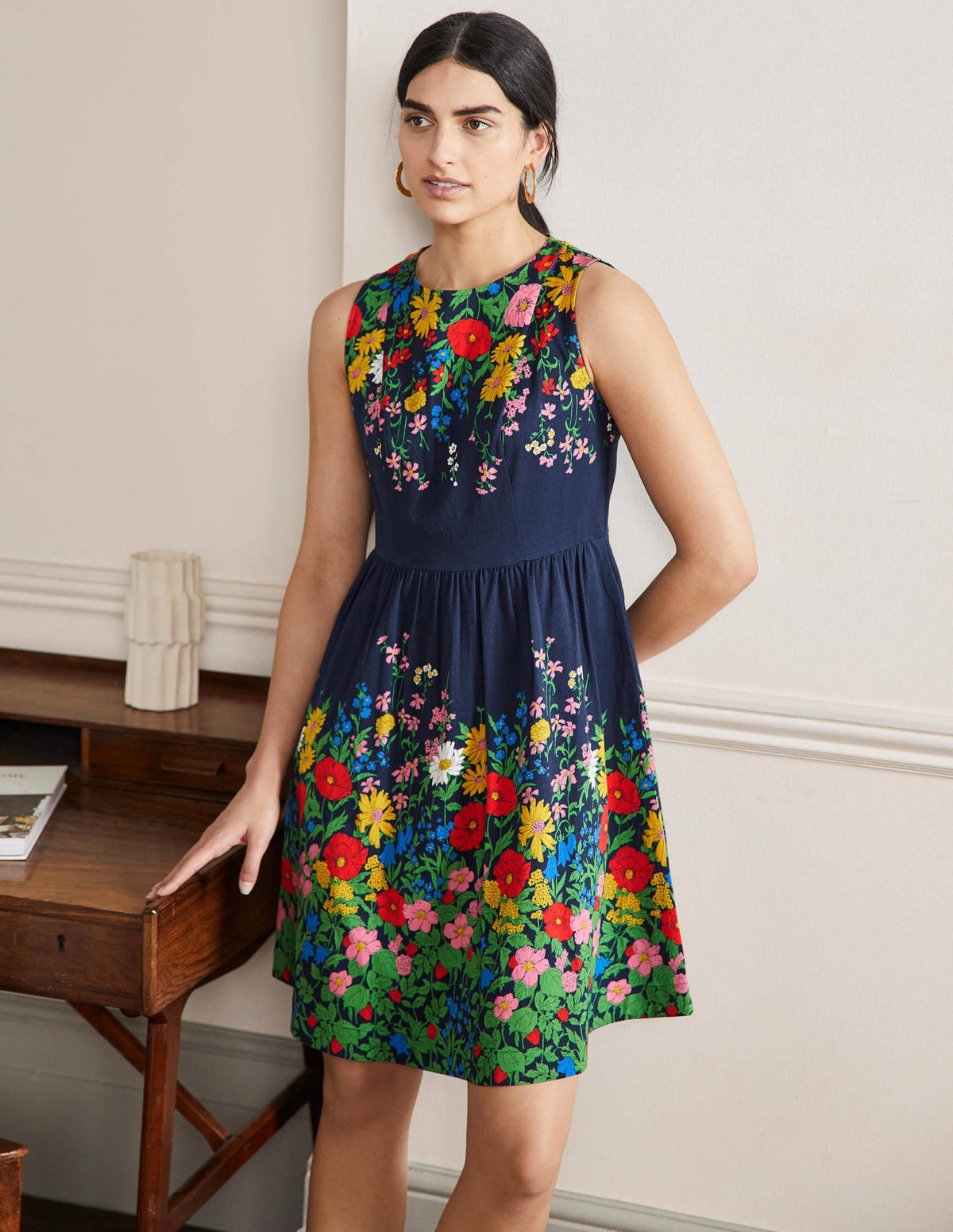 Tara Fit-and-Flare Dress-Navy, Botanical Terrace - Image 1