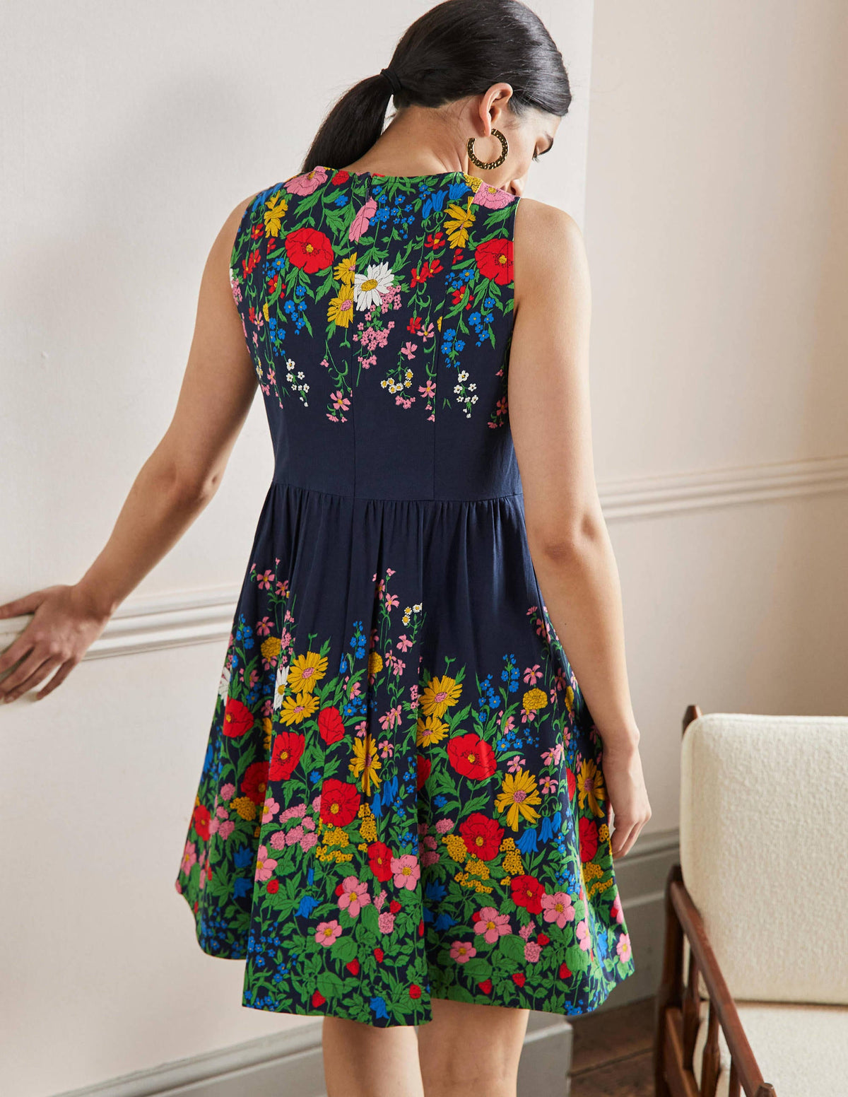 Tara Fit-and-Flare Dress-Navy, Botanical Terrace - Image 3