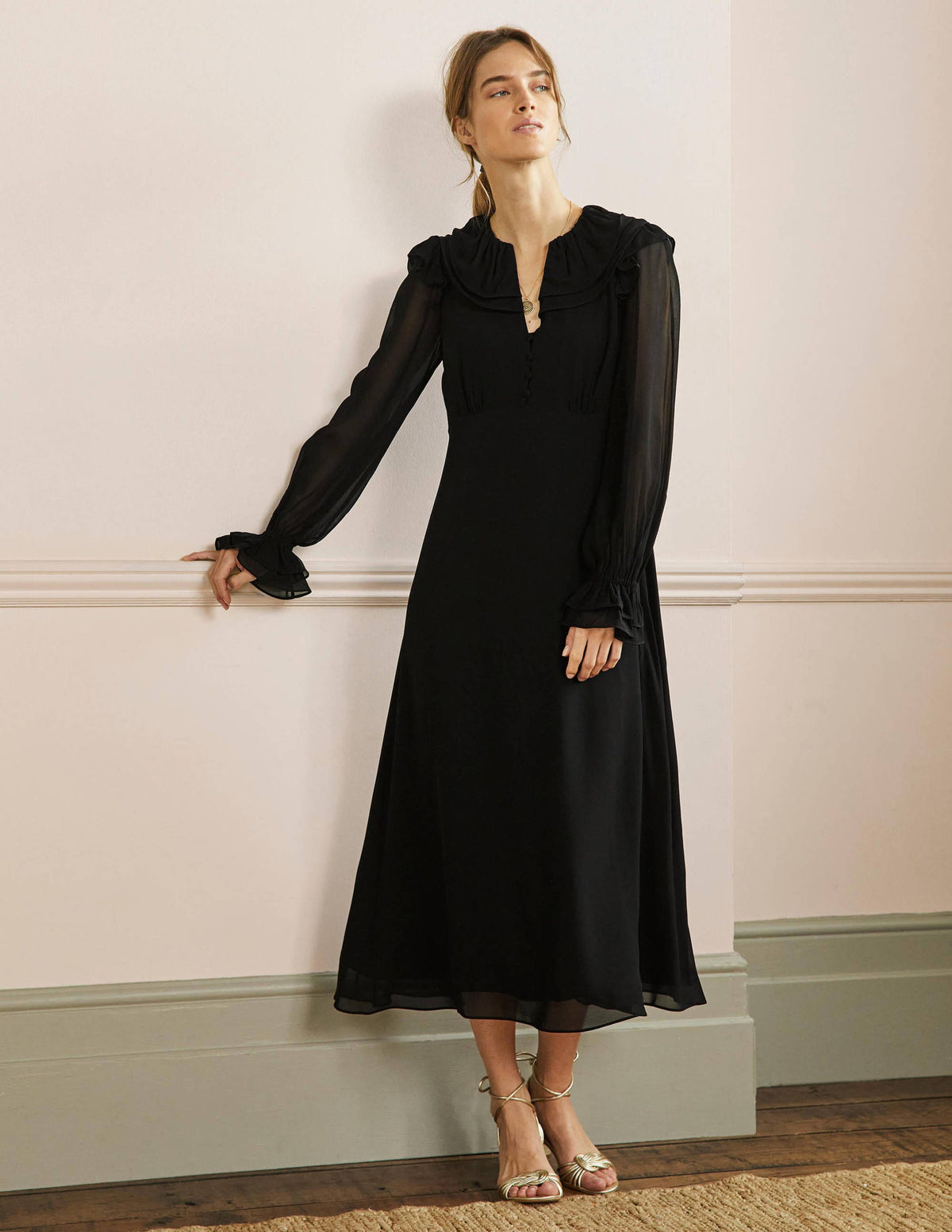Lara Ruffle Detail Midi Dress-Black - Image 1