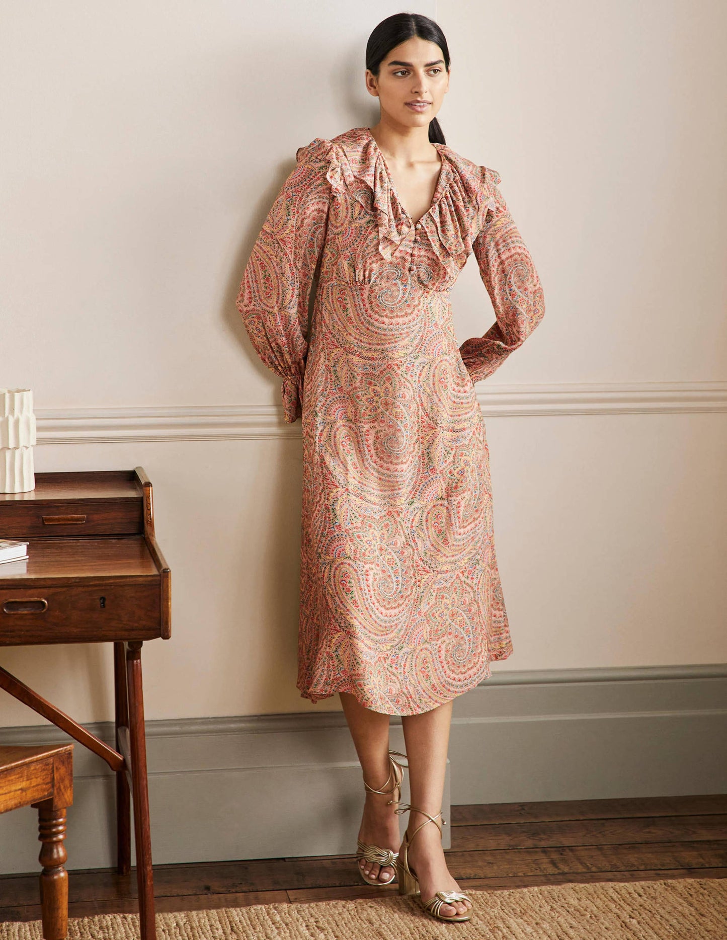 Lara Ruffle Detail Midi Dress-Milkshake, Flora Paisley