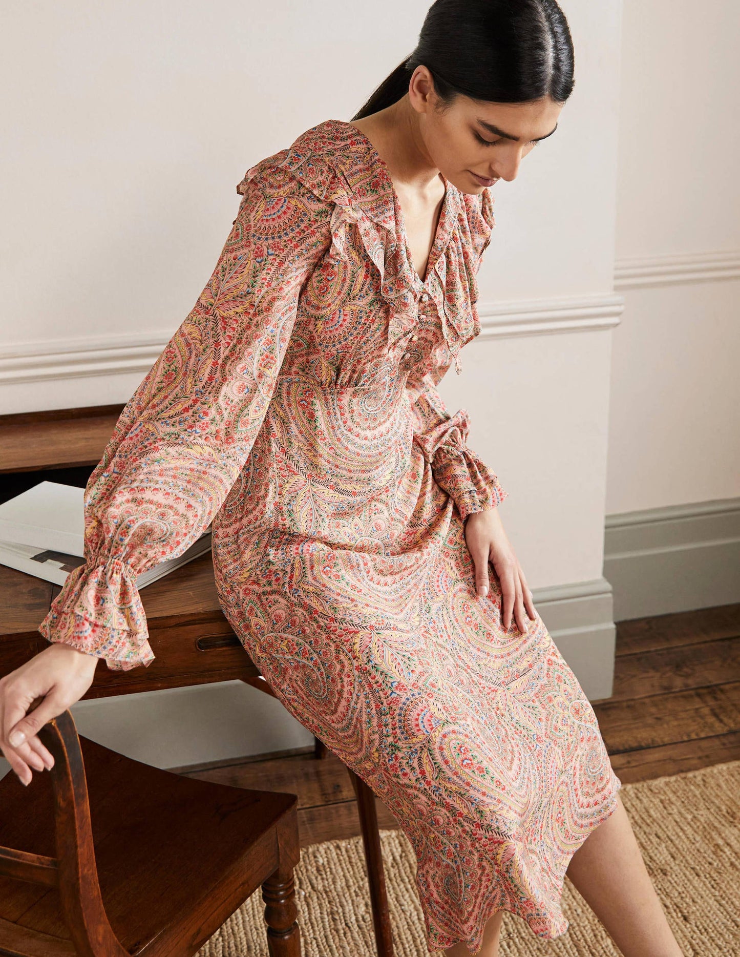 Lara Ruffle Detail Midi Dress-Milkshake, Flora Paisley