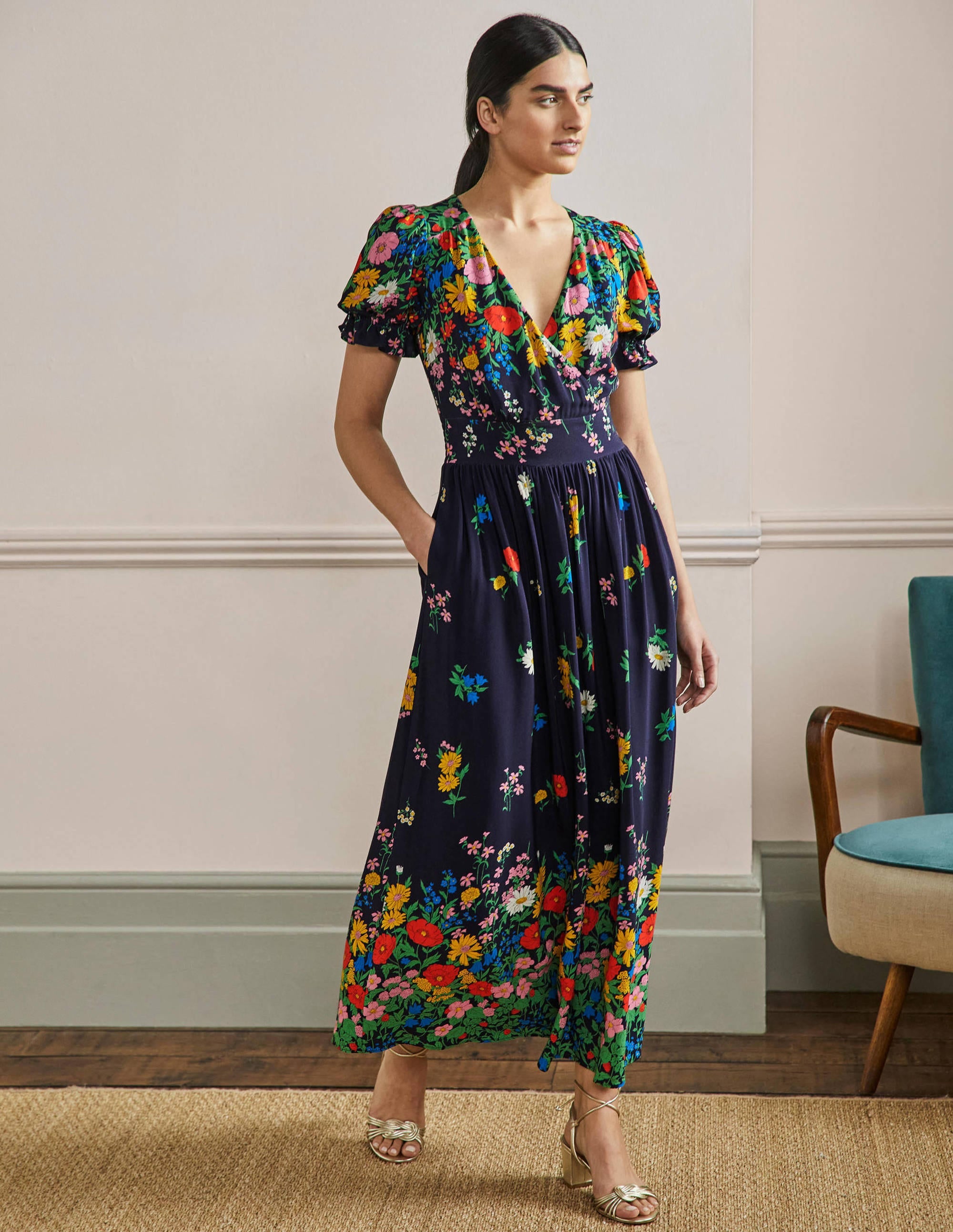 Tessa Maxi Dress-French Navy, Garden Blooms - Image 1