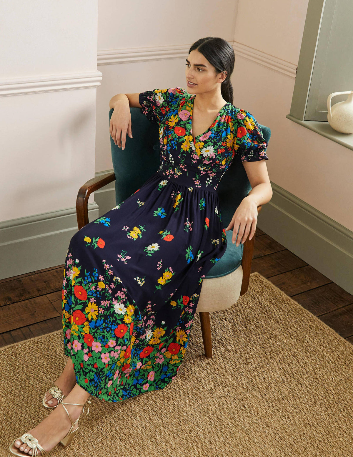 Tessa Maxi Dress-French Navy, Garden Blooms - Image 4